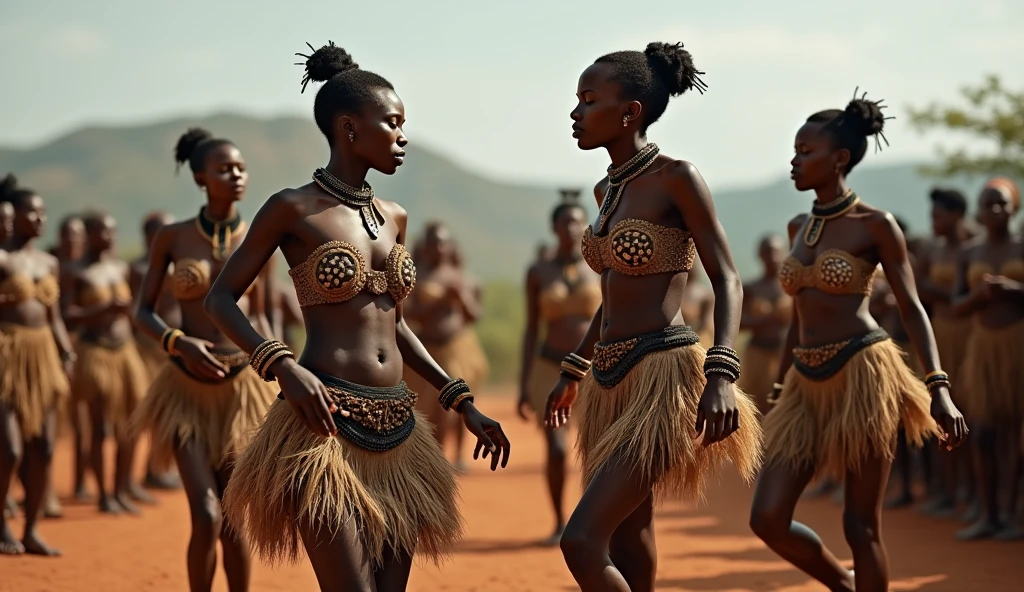 Complete and complete view of a Beautiful tribal dance in a circle by very beautiful primitive black African women with perfect realistic and detailed Negroid faces, well-defined feet and hands, bare torsos, very colorful image by Jean-Baptiste Monge, nfsw