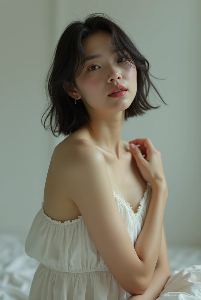 (best quality,4K,8k,high resolution,masterpiece:1.2), Super detailed, (Practical,photoPractical,photo-Practical:1.37),(Beautiful and delicate eyes, Beautiful and delicate lips, Extremely detailed eyes and face, Long eyelashes),Studio Lighting,Physically Based Rendering,Bright colors,(Big , Super big , super extra Big tits),(short hair),(Friendly Smile),(earrings, Maid costume),(soft light),(romantic atmosphere),(full frame portrait), naked portrait, nude photography, shiny nipple, show armpit