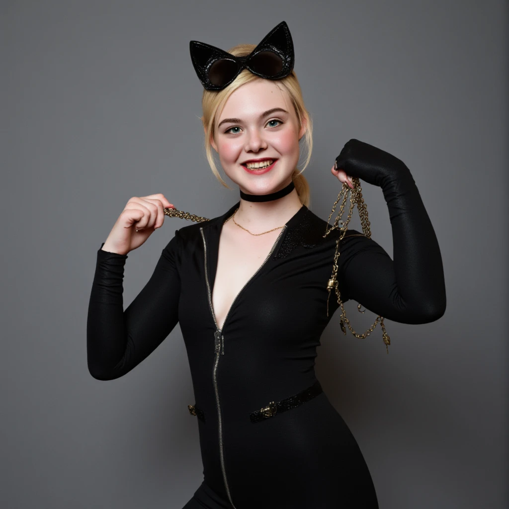 a professional studio photo of Elle Fanning dressed as Catwoman without the mask and holding a whip with one hand, she is looking at the camera and smilling.