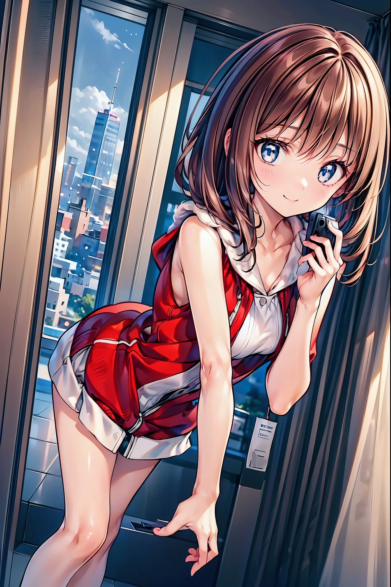Winter clothes、Red coat、Bare legs、( top quality ,masterpiece:1.3, Ultra Fine ),( very detailed, caustics,8k),( realistic :1.4,RAW shooting),18 years old, Japanese , cute, Looking at the camera and smiling ,( Focus on Face :1.2),( face close-up :1.2),(Low position:1.3),( low angle:1.4), brown hair, shortcuts, slender beauty , messy hair,Cityscape, brown hair, shortcuts, tousled hair , short braided hair,Neat, Slender and beautiful woman ,Correct posture, small breasts, Beautiful Legs, Enchanting gray-blue eyes shine like stars,Droopy eyes, bright color , beautiful eyes,A delicate smile, Textured Skin, BEST QUALITY BEST , A humorous parody of a gentle and beautiful woman , anime style、