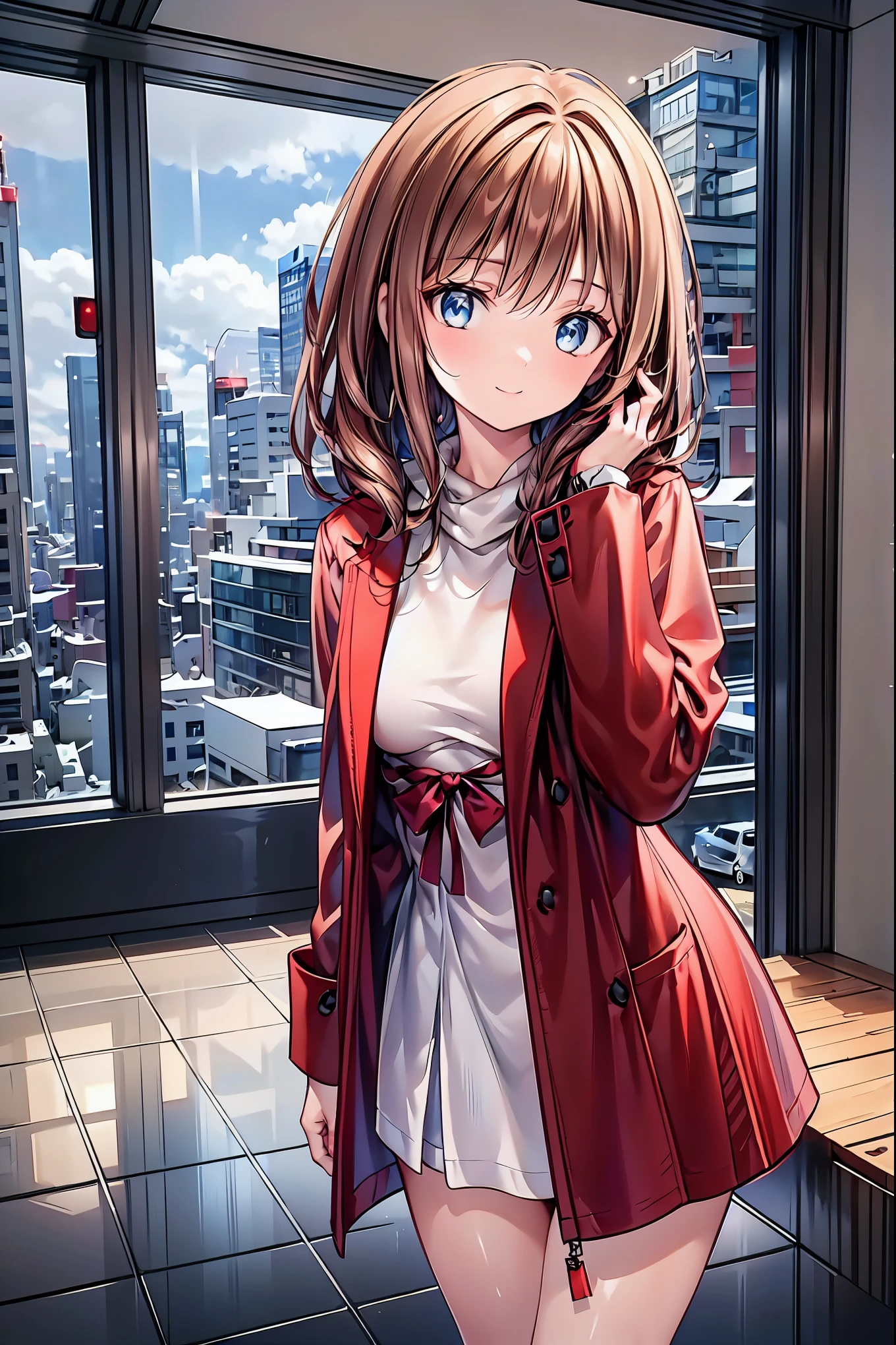 Winter clothes、Red coat、Bare legs、( top quality ,masterpiece:1.3, Ultra Fine ),( very detailed, caustics,8k),( realistic :1.4,RAW shooting),18 years old, Japanese , cute, Looking at the camera and smiling ,( Focus on Face :1.2),( face close-up :1.2),(Low position:1.3),( low angle:1.4), brown hair, shortcuts, slender beauty , messy hair,Cityscape, brown hair, shortcuts, tousled hair , short braided hair,Neat, Slender and beautiful woman ,Correct posture, small breasts, Beautiful Legs, Enchanting gray-blue eyes shine like stars,Droopy eyes, bright color , beautiful eyes,A delicate smile, Textured Skin, BEST QUALITY BEST , A humorous parody of a gentle and beautiful woman , anime style、
