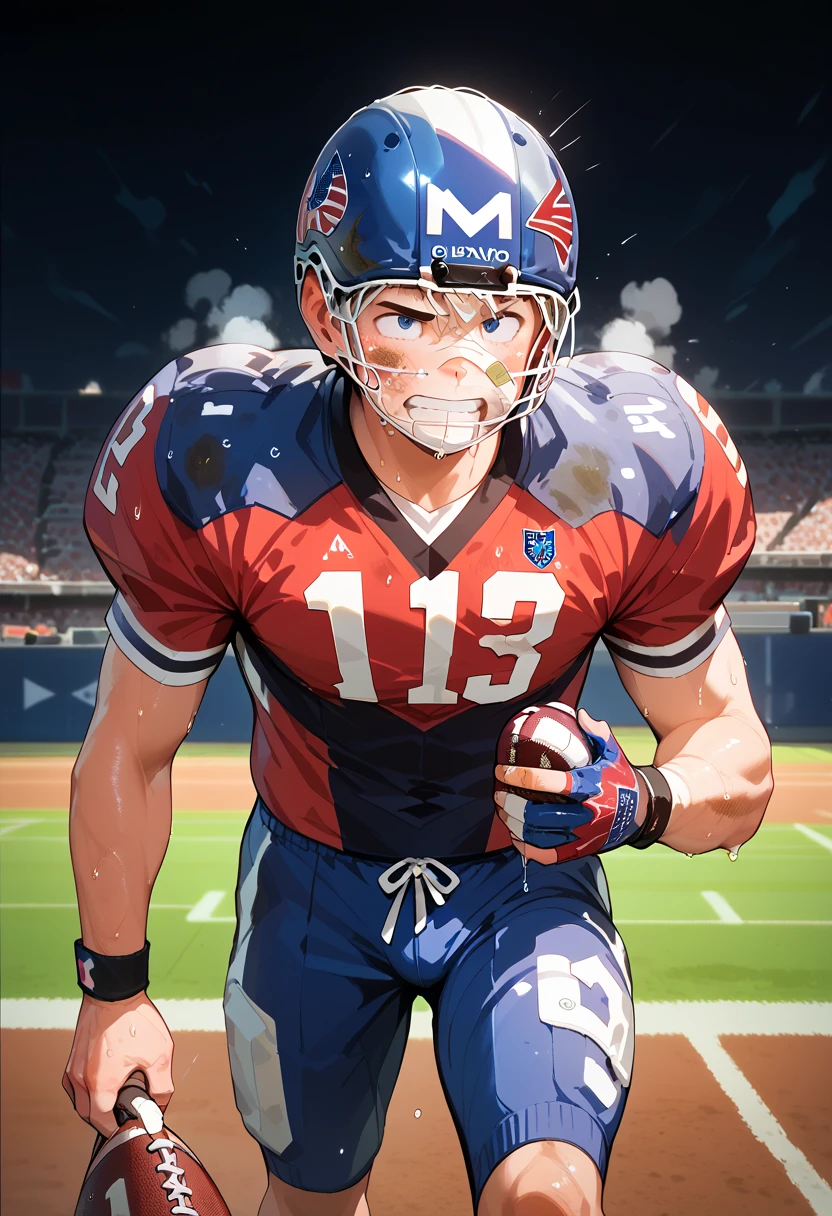 1 boy 15yo fit, american football player, sweat body wet body, dirty uniform, band aid on face, football helmet on hand, standing on football field 