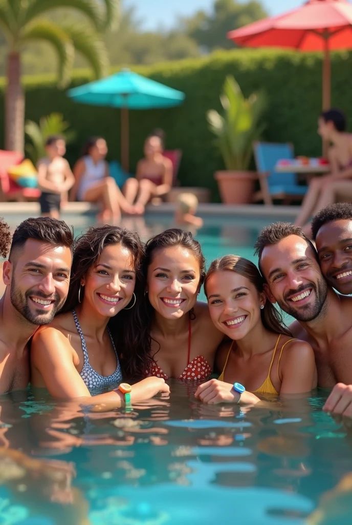 A man and a woman were bathing in the pool,
The man was wearing a bikini with his genitals protruding inside the shorts, behind which was a woman