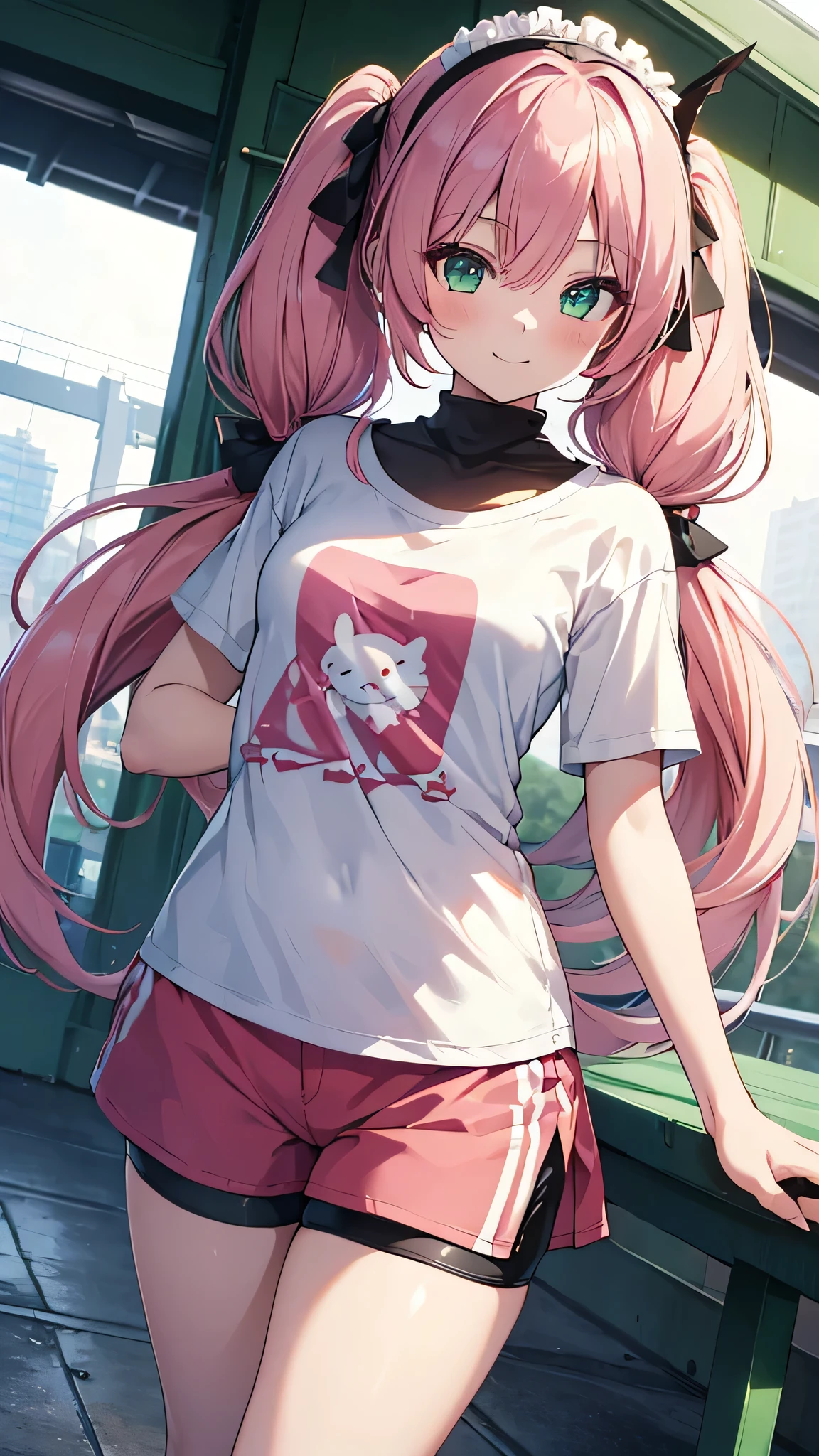 masterpiece、highest quality、Very detailed、Photograph the upper body、1 female、(Put your arms behind your back:1.2)、Are standing、Turn your body forward、View your viewers、(red tracksuit、rucksack)、Holding nothing in hands、blush、shy、Pink Hair、Open your mouth、camp site、Big Breasts、
