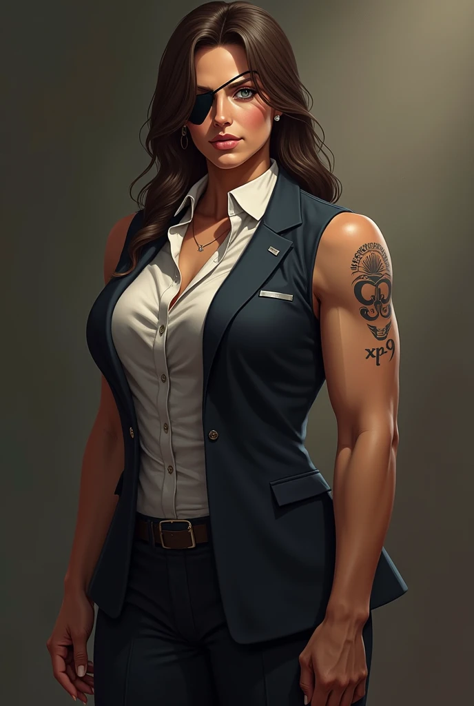 beautiful werewolf, brown hair, bright yellow eyes, muscular body, light makeup above the eyes, wearing military clothing, sfw, holding a gun, close portrait, realistic drawing