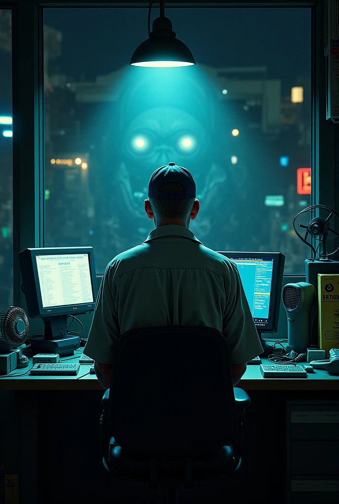 anjaam pathira movie psycho hacker home with lot of hacking devices and computers and a statue of blind law in table. a man sit in a chair and in hand a wakitaki.