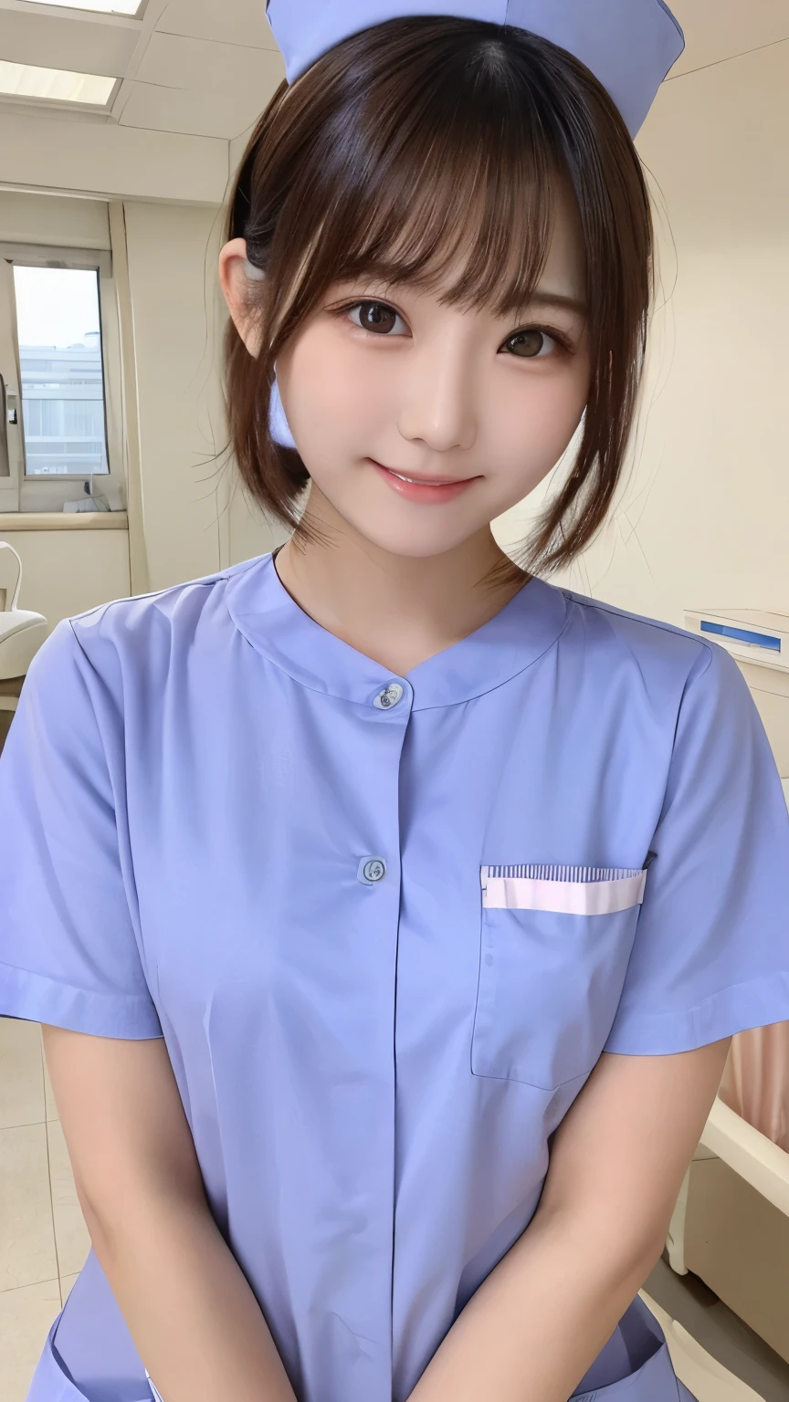Turquoise short sleeve nursing uniform、Collarless nursing uniform、Stethoscope、necklace、Exposing the forehead、Hair Bun、Surgery Bag、smile、Hold a condom in your hand、Look straight at the camera and hold it out in front of you、be quiet、Front view of face from above、super close up face、be quietする、White tights、Cute Panties