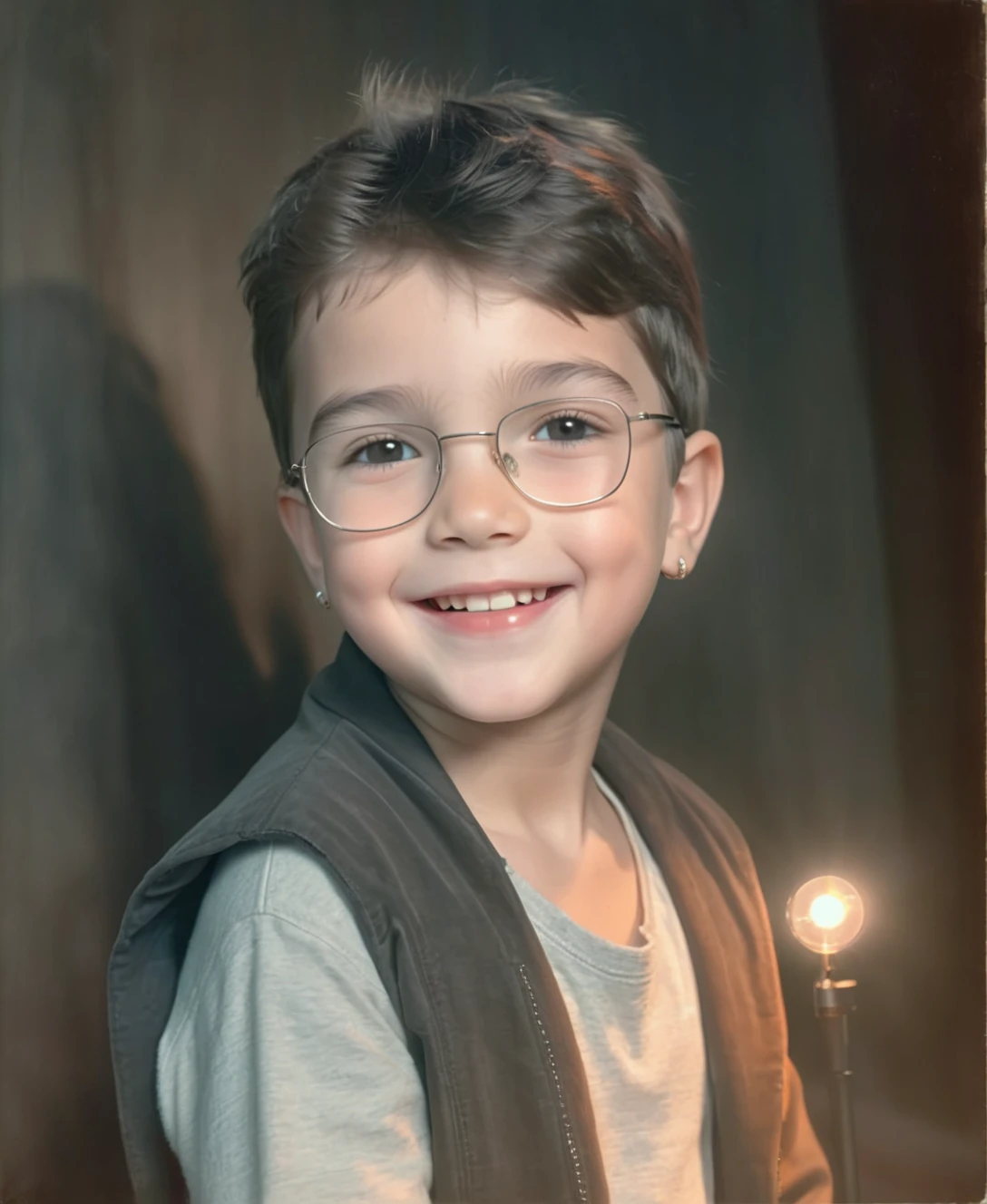 (melhor qualidade, 4k, high resolution, master part: 1.2), ultra detalhado, (Realistic, fotorrealista, fotorrealista: 1.37),(A boy with round glasses standing in a classroom, holding a magic wand and casting intricate and powerful spells:1.4),(Seus amigos olham para ele com expectativa:1.3), Flashes brilhantes de luz iluminam os arredores. The boy's eyes fill with determination and concentration as he waves his wand with precision.. The air is charged with magical energy, crepitando e rodopiando em torno deles. The classroom is full of old books, potion bottles, and other magical artifacts. The walls are adorned with intricate tapestries that depict the history of magic. The atmosphere is mysterious and charming. The spells the boy casts are vivid and dynamic, criando efeitos visuais impressionantes que cativam o espectador. The colors are rich and vibrant, com uma pitada de brilho sobrenatural. The lighting is spectacular, casting long shadows and highlighting the child's face with a magical glow. The scene radiates a sense of wonder and awe. The boy's intense concentration and the power of his spells make it clear that he is a talented wizard., destinado a grandes coisas. Image quality is excellent, with ultra-detailed textures and sharp focus. The artwork has a realistic feel, but fantastic, combining elements of digital illustrations and traditional paintings. The colors are carefully chosen to create a harmonious and magical atmosphere, with a touch of warmth and mystery. The scene is bathed in soft, luz natural, that casts a soft glow over the surroundings. The overall composition and perspective draw the viewer into the magical world, evoking a sense of wonder and excitement, Estilo Tolkien