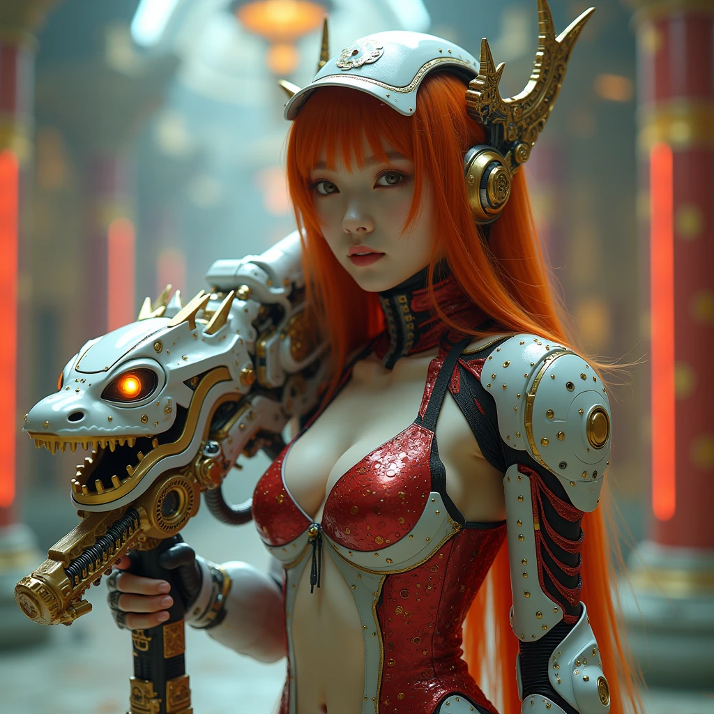 smiling minchen, absurdness, balanced eyes, (Best quality details:1.2),realistic,8K High definition, Ultra Detailed, High quality texture, intricate details, detailed texture, finely detailed, high detail, extremely detailed high quality texture cg, high quality shadow, ((masterpiece, best quality)), illustrations, ultra-detailed 8K, realistic, clear focus, highly detailed, professional lighting, colorful details, iridescent colors BREAK factory super long lens, large mechanical robot structure, microchips, computers, luminescence, intricate details, Shitu-Mecha, (huge breasts:1.3), (micro bikini:1.4), redhead, red hair