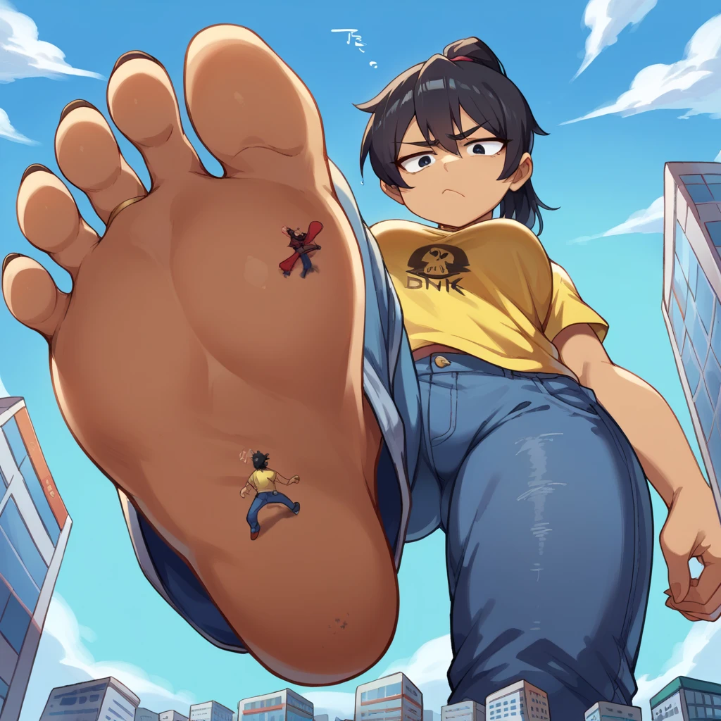 score_9, score_8_up, score_7_up, source_anime, BREAK pov: under giantess,Dark skin tone, black hair,jeans,Yellow lion shirt ,Ponytail hair,from below,Text: GigaTeam,city, stomp,bored face,soles,News