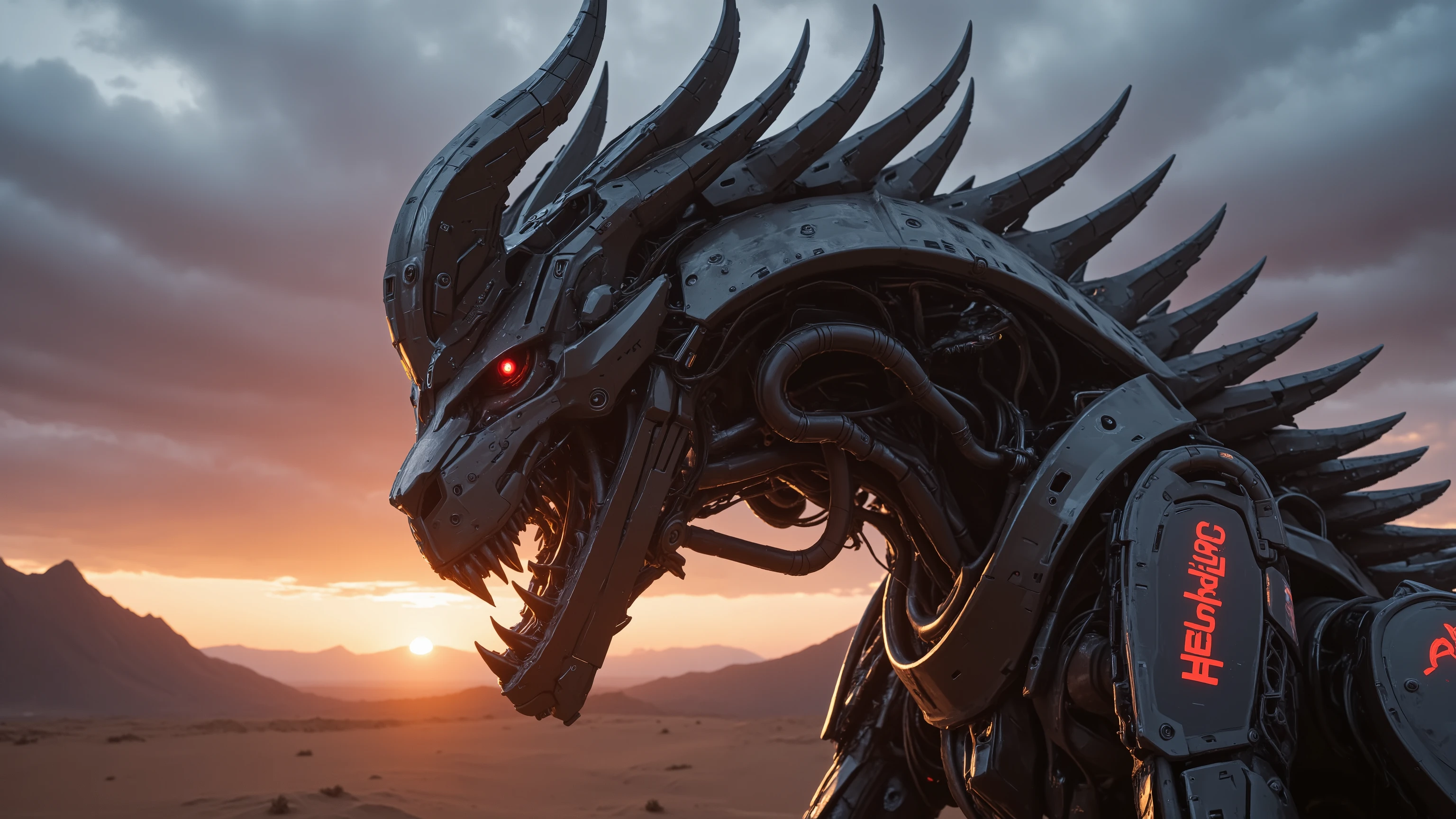 Captured at eye-level on a low-angle perspective, a medium-angle shot captures a beast drone with teeth adorned with red and blue headlights. The creature's body is adorned with black metal pipes, with the glowing red lettering "HELHEIM" on it's side, and its head is encircled by a series of long, curved arms and legs. Its eyes are glowing red, adding a pop of colour to the otherwise monochromatic scene. The scene is set in a desert-like setting, with a mountain range in the background. The sky is filled with dark gray clouds, and the sun is setting in the distance, creating a vibrant contrast to the scene. ray tracing, photorealistic, DSLR, UHD, 16k, masterpiece, award-winning