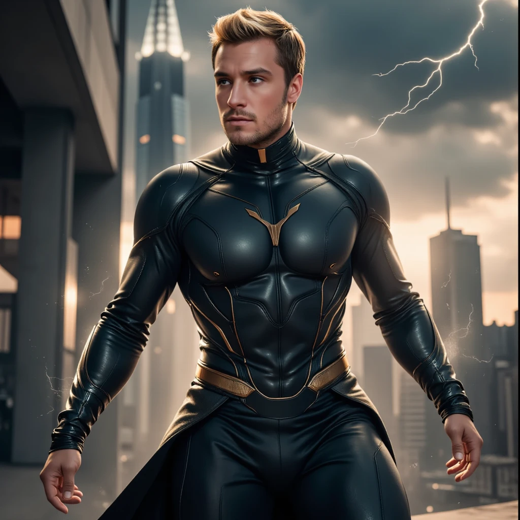 ( masterpiece :1.2, exceptional quality,  similar to a mirror ,  cinematic experience ,  best illustrations :2.0),   ultra high resolution , very detailed, 8k, wallpaper, (super sexy Josh Hutcherson:0.5), (Super muscular:2.0), (1 macho:2.0), (superhero:2.0), (muscular chest:2.0), (elegant body:2.0), (beautiful eyes,  shiny eyes,  detailed face,  small beard,  beautiful skin texture :1.3,  blonde hair,   Short haircut  :1.3), (Beautiful male hands:2.0), (Fine hand:2.0), (pose de superhero voador:2.0), (Vestindo um traje de superhero:2.0), ( on the edge of the city's roof  ,  um pano de fundo de  science fiction  ,   intense electrical discharges :2.0), (super sexy:2.0), ( very muscular thighs :2.0), (Super functional:2.0), (cyberpunk:2.0), ( science fiction :2.0), (visual effects:2.0), (full body close-up :2.0), (dynamic:2.0), (Serious:2.0)