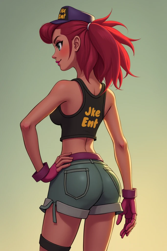 Best quality, high quality, masterpiece, flawless quality, hd, high resolution, 8k, 1girl, mature female, milf, solo, single, alone, orange hair, short hair, square face shape, plump lips, big breasts+++, big ass+++, deb turnbull_(robotboy), tight gym clothes, sneakers, standing, from behind, ass focus, smile, biting lips, confident, sexually suggestive, gym, day, highly detailed face, good anatomy, good proportions, looking over her shoulder, small waist, mom body, middle-aged
