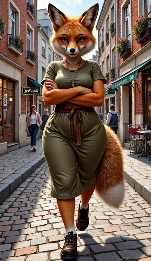 (best quality, 128k,highres,masterpiece:1.2),ultra-detailed,(realistic,photorealistic,photo-realistic:1.37), ((masterpiece)) ((photography)) ((Highest quality)) A detailed illustration of an overweight anthropomorphic female fox walking timidly along a narrow street in a small city. Her fur is a vibrant reddish-orange with white highlights on her face and tail tip. She wears an ill-fitting, plain dress in a dull olive green color, with visible creases and slightly stretched seams that emphasize her figure. The dress features short sleeves, a round neckline, and a loose waistline, paired with a faded brown belt tied haphazardly.  

Her posture is slightly hunched, and her arms are crossed nervously, indicating a lack of confidence. Her expression is shy and uncertain, with her gaze lowered toward the ground. The setting is a cobblestone street lined with old brick buildings, some with peeling paint and flower boxes on the windowsills. A small bakery with a sign reading “Boulangerie” is visible in the background, along with a few pedestrians walking briskly or chatting near a café. The light is soft, suggesting early morning or late afternoon, adding a quiet, subdued atmosphere.