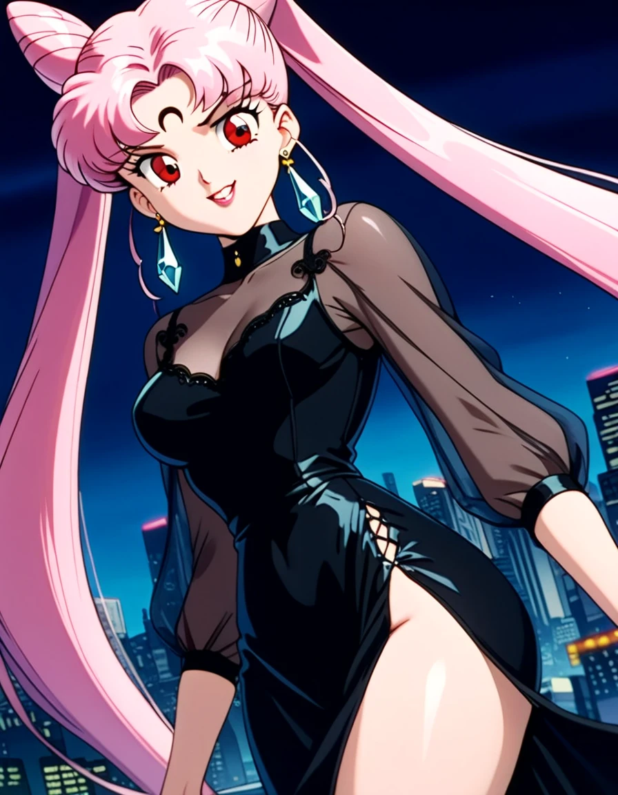 Wicked Lady from Sailor Moon, pink hair, red eyes, black background, ((black half moon tattoo on forehead)), standing, contrapposto, slim thighs, perfect breasts, arms behind back, ulzzang, long eyelashes, small nose, full lips, porcelain skin, natural lighting, warm color palette, chiaroscuro lighting, dramatic shadows, sensual, alluring, mature themes, artistic, dreamlike, ethereal, arms behind back, sideboob, cleavage, looking at viewer, long black dress, cleavage, twin tails,