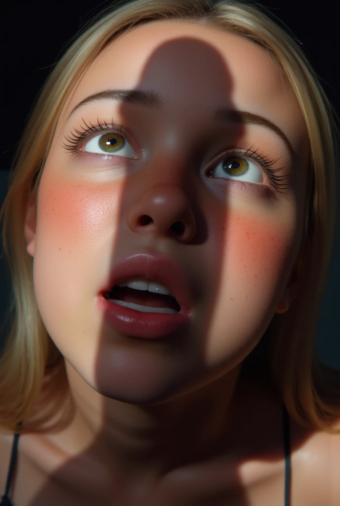 a beautiful girl, kneeling in front of the viewer, huge shadow of a penis over her face, she gazes up at the penis in awe, detailed facial features, photorealistic, dramatic lighting, high quality, 8k, hyper detailed, masterpiece.mouth