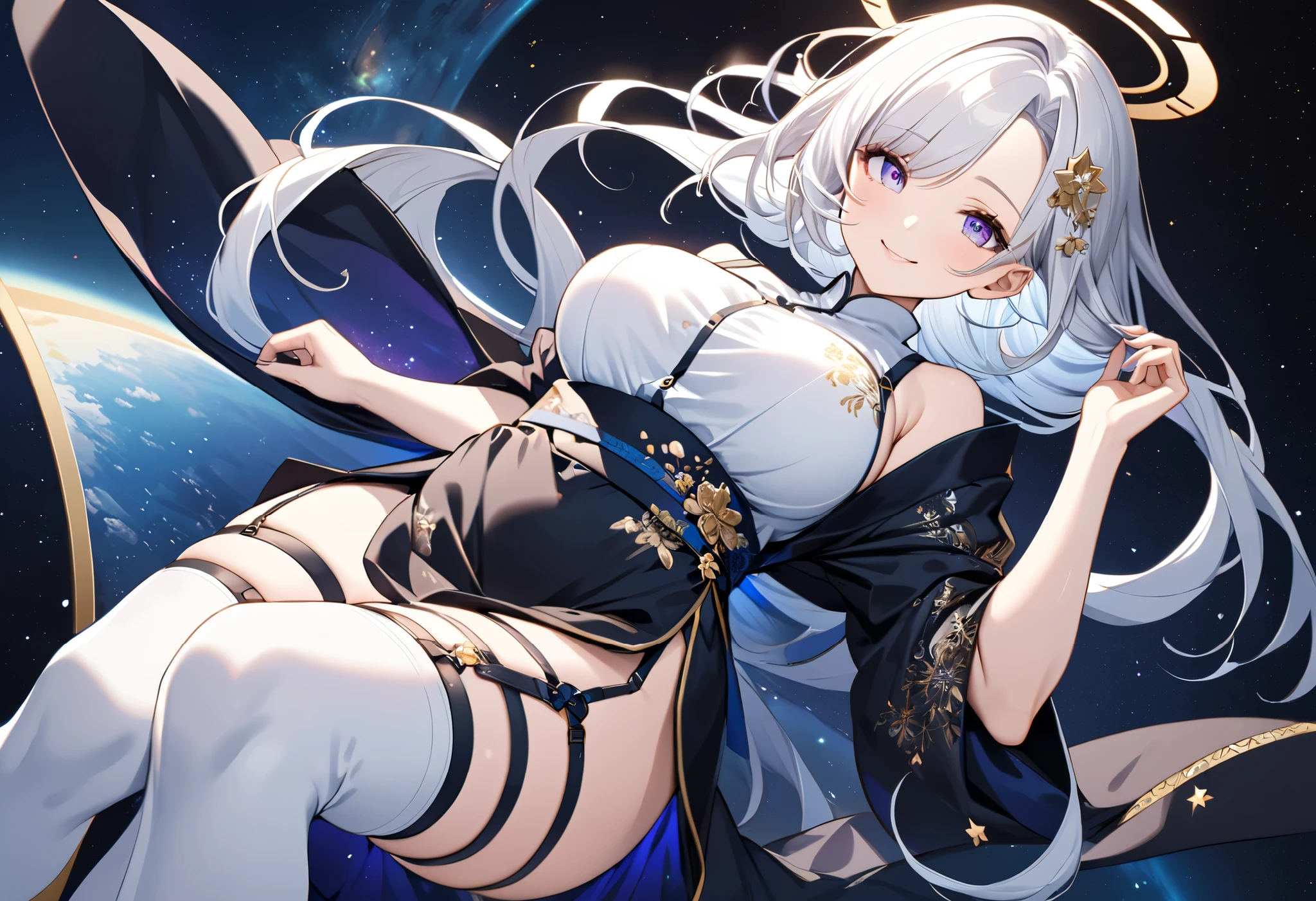 Fresh illustration,
Ultra-fine drawing,
Top quality,
Very delicate illustration,
Very fine details,
Beautiful charming anime woman,
Enchanting anime girl,
Super detailed,
Beautiful and sophisticated,
Illustration of a girl,
Full body,
Height 158cm,
Fair skin,
Right eye blue, left eye purple, complete heterochromia,
Large black pupil,
Beautiful eyes,
Super long hair,
Shiny hair,
Blue roots, white hair elsewhere,
Hair with gradient,
Protruding forehead,
Pretty and cute face,
Rich cheeks,
Small shiny halo floating on the back of the head,
Lowered eyebrows,
Smiling,
Upper body in kimono,
Overall white clothes,
Lower body in cheongsam,
Black obi,
Tasteful embroidery with gold thread,
Clothes with high-quality texture,
Narrow, sloping shoulders,
mega breasts,
garter belt,
thigh straps,
thigh straps digging into skin,
white long boots,
thin waist,
thick thighs,
isometric,
golden ratio,
divine atmosphere,
wearing an indigo-colored stand-up collared inner,
outer space,
multiple galaxies,
countless small stars,
tactical use of shadows,
hair and halo on head do not extend beyond frame,
clothes do not extend beyond frame,
waist shot,