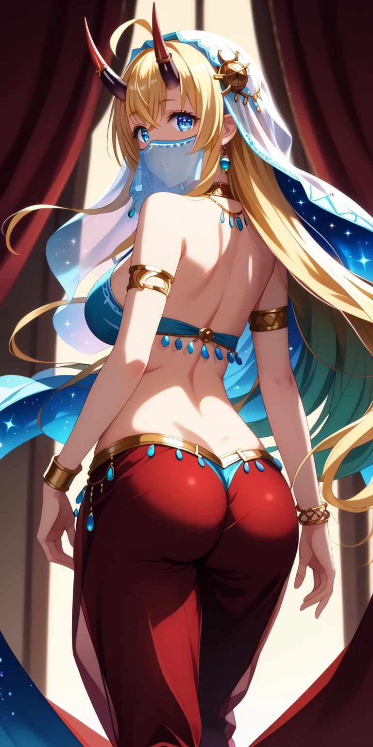 Very detailed、highest quality、Best image quality、masterpiece、8k、Sparkling Blue Eyes、Anime Face、A kind smile、Open Mouth、(Blonde waist-length hair:1.2)、(SFW Giant)、(Rear View:1.5)、Cowboy Shot、(Thong:1.5)、(leaning forward:1.5)、ckundies