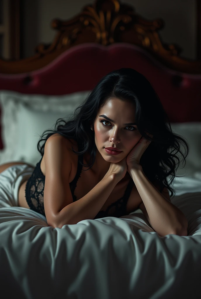 (masterpiece, photorealistic:1.4, extremely intricate:1.3), (photon mapping, radiosity, physically based rendering, ultra resolution, hyper-realistic, 8K), dtx, ((Asian 1girl thin supermodel thirty years, makeup:0.2, short straight black glossblack bob hair, red houndstooth lace pajamas, ((36 years old, [skin detail:freckles:0.8])))), eyes closed, peaceful, touching groin, hand on crotch, lying down, tilted side, sleeping, white satin bedsheets, face down