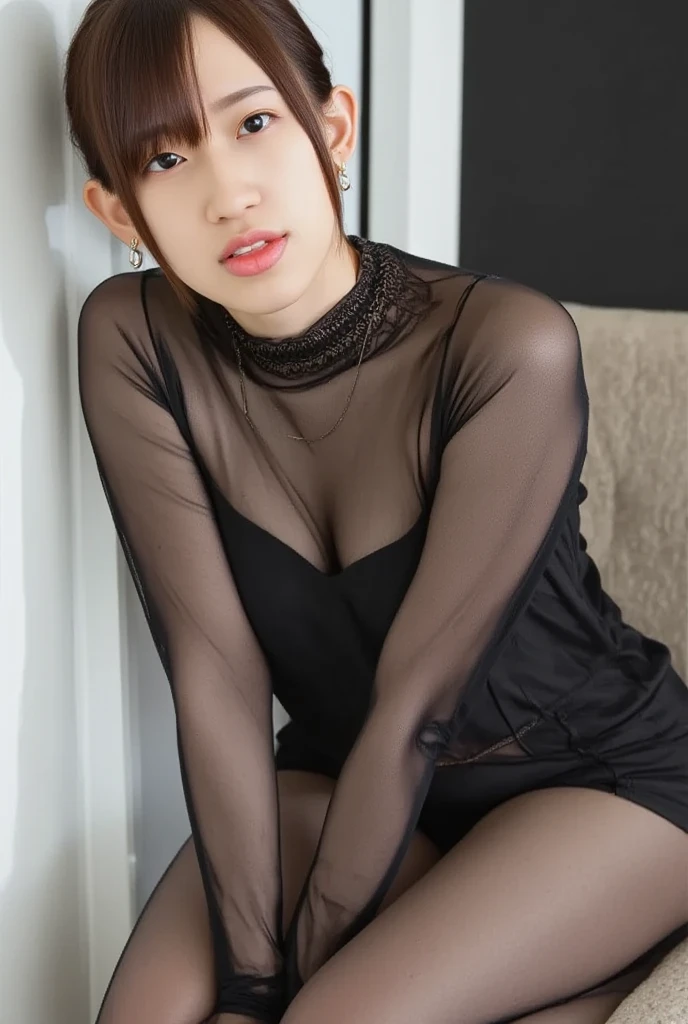 a lady, (enjoying vaginal sex, inserting penis to your pussy:1.2), lustful sweaty happy face, open your legs, skinny high neck one piece, swept bangs short hair, photo realistic