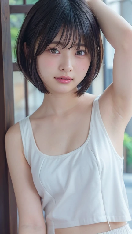 (Bob Cut Hair:1.2),(Wearing a ripped white tank top:1.8),1 person,Japanese,21 years old,(Small breasts:1.3),(Highest quality,masterpiece:1.3,Ultra-high resolution,),(Very detailedな,Caustics),(Realistic:1.4,RAW shooting,)Ultra-Realistic Capture,Very detailed,High resolution 16K human skin closeup。 Natural skin texture、,pores、、It needs to be detailed enough to be easily identifiable。 Skin tone is even and healthy looking。 Use natural light and color, Happy expression, Looking into the camera, Perfect dynamic composition, indoor、Cleavage、Earrings、Raise your hand、Armpits、freckles、(Round Glasses)、(erect nipples)、Sit on the bed、Bedroom、On the bed