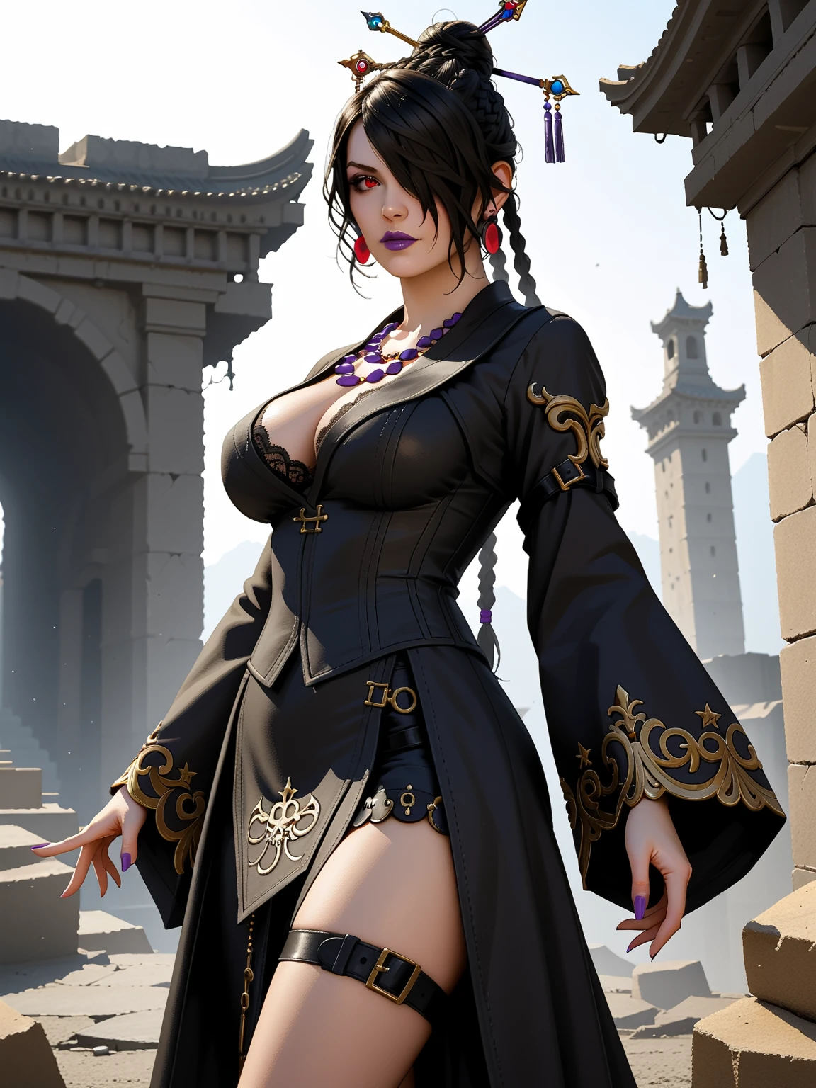 Score_9, score_8_up, score_7_up, source_real, photorealistic;; FFLulu, LuluDG, 1girl, solo, victory poses, arm posing;; black hair, one eye covered, red eyes, large breasts, hair ornament, single hair bun, purple lips, hair stick, braid, black dress, jewelry, fur trim, multiple belts, beltskirt;; outdoors ruins of Zanarkand background 