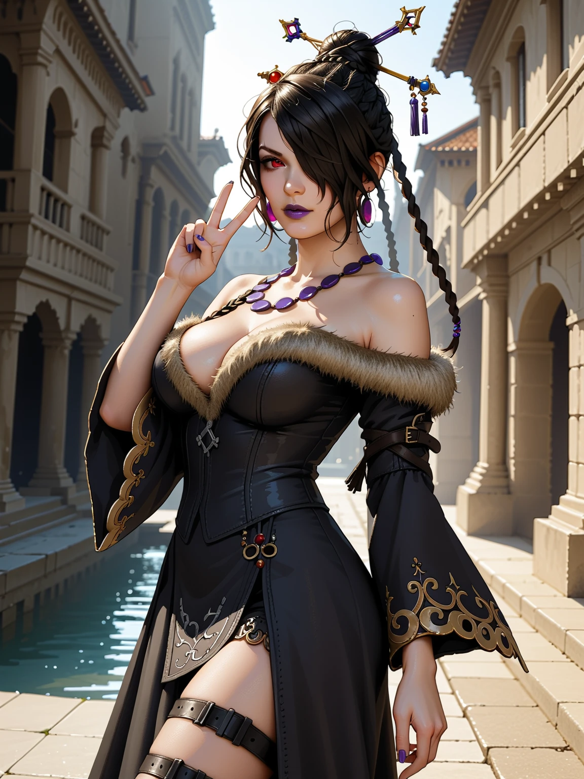 lulu_ff10, renowned for her sexiness and beauty, red eyes, jewelry, mole, purple lipstick, hair bun, fur trim, Amazing 3D render of Lulu with true depth and realism, (FFX masterpiece, best quality:1.3) 1 curvaceous female, solo, looking at viewer, face at rest, calm face, long intricately-braided hair, faintly-iridescent eyes, dark hair, hair ornament, jewelry, only wearing dark_lacy_underwear, bra and panties outfit, standing, full body, black leather military boots, Textured skin, In the style of Joe Cubert, Ted Nasmyth, intricately-Detailed, Wäinö Aaltonen, sexy Imaginative character, style expressive detail, consistency, realistic textures, gorgeous face, Detailed skin, Looking at the camera with perfect eyes, Octane Render, nfsw, hyper detailed, luminism, Bar lighting, with an intricate, 8k resolution, by Greg Rutkowski, Style by Wes Anderson, ArtGerm, wlop, Alphonse Mucha, Dandon Fuga, Lighting by Thomas Kinkade, Little Fusion Pojatti Rialgoth, Detailed bioluminescence, stunning realistic photograph, UNreal Engine 5, PS5 next-gen graphics, Lulu casting epic magic focus, HD Remaster, HD restoration, Video Game character, latest graphics, best version, sexiest version, facial symmetry, Chloe Grace Moretz's face, same eye-color, eye symmetry, extended cleavage, nipples peeking out, Tiffani_Amber_Theissen, same color eyes, same-sized eyes, eye symmetry,