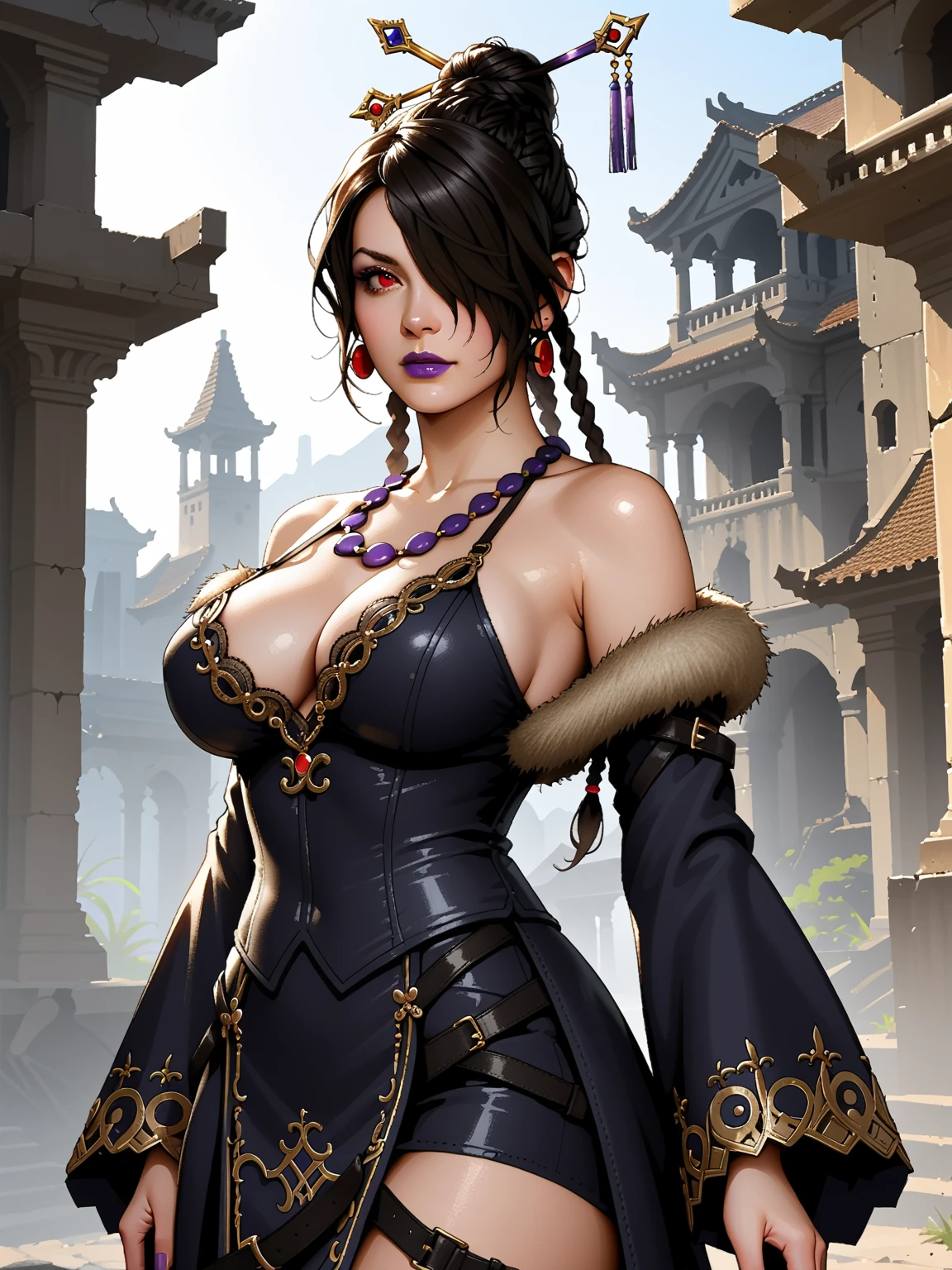 Score_9, score_8_up, score_7_up, source_real, photorealistic;; FFLulu, LuluDG, 1girl, solo, victory poses, arm posing;; black hair, one eye covered, red eyes, large breasts, hair ornament, single hair bun, purple lips, hair stick, braid, black dress, jewelry, fur trim, multiple belts, beltskirt;; outdoors ruins of Zanarkand background 