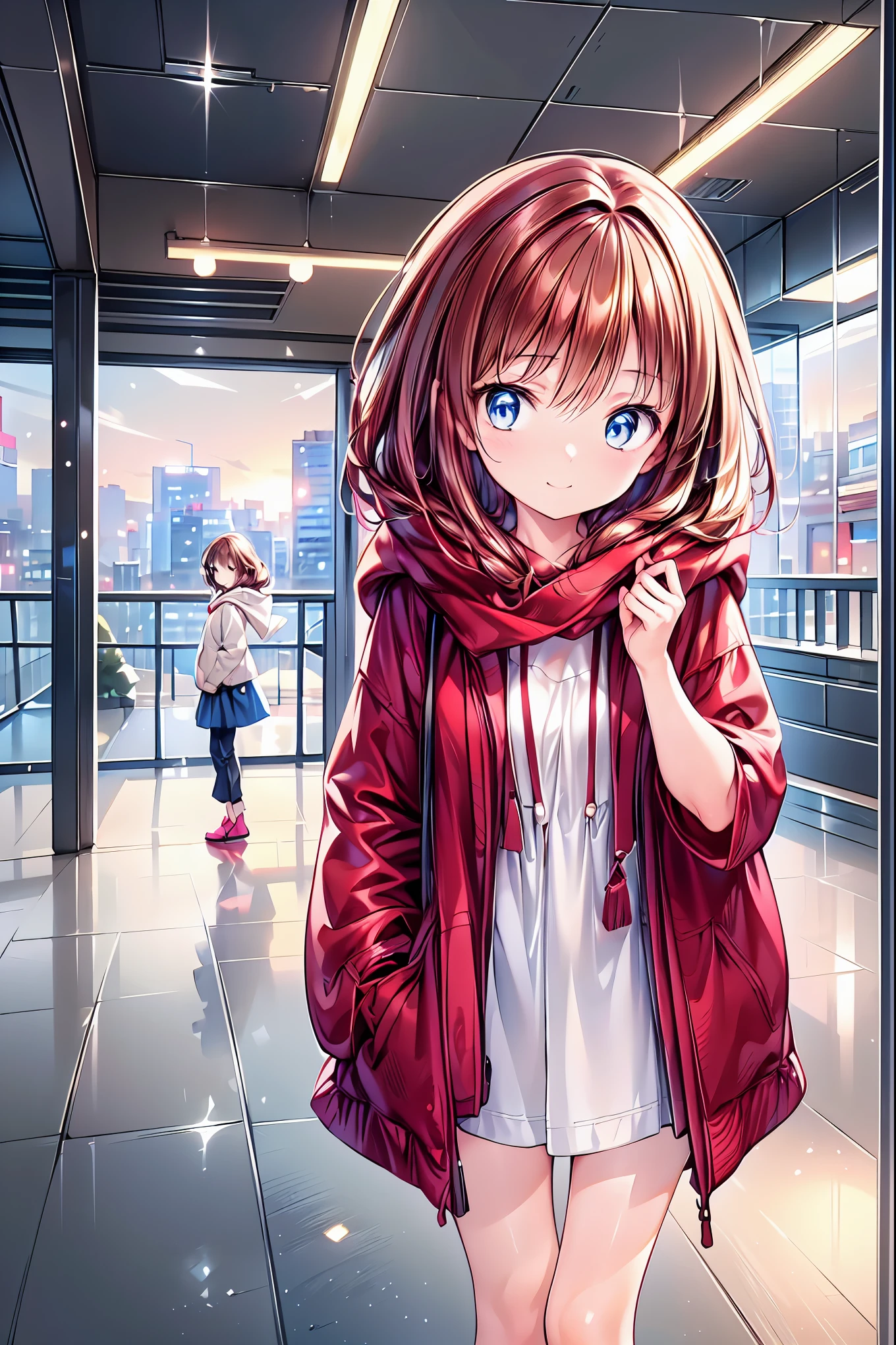 Winter clothes、Red coat、Bare legs、(   top quality ,masterpiece:1.3,    Ultra Fine ),(    very detailed,    caustics,8k),(    realistic :1.4,RAW shooting),18 years old,    Japanese    ,    cute,  Looking at the camera and smiling   ,(    Focus on Face   :1.2),(    face close-up  :1.2),(Low position:1.3),(    low angle:1.4),  brown hair，    shortcuts，    slender beauty    ，    messy hair，Cityscape，  brown hair，   shortcuts，   tousled hair ，  short braided hair，Neat，  Slender and beautiful woman ，Correct posture，  small breasts，   Beautiful Legs，   Enchanting gray-blue eyes shine like stars，Droopy eyes，   bright color ,   beautiful eyes,A delicate smile,  Textured Skin, BEST QUALITY BEST   ,   A humorous parody of a gentle and beautiful woman   ,   anime style､