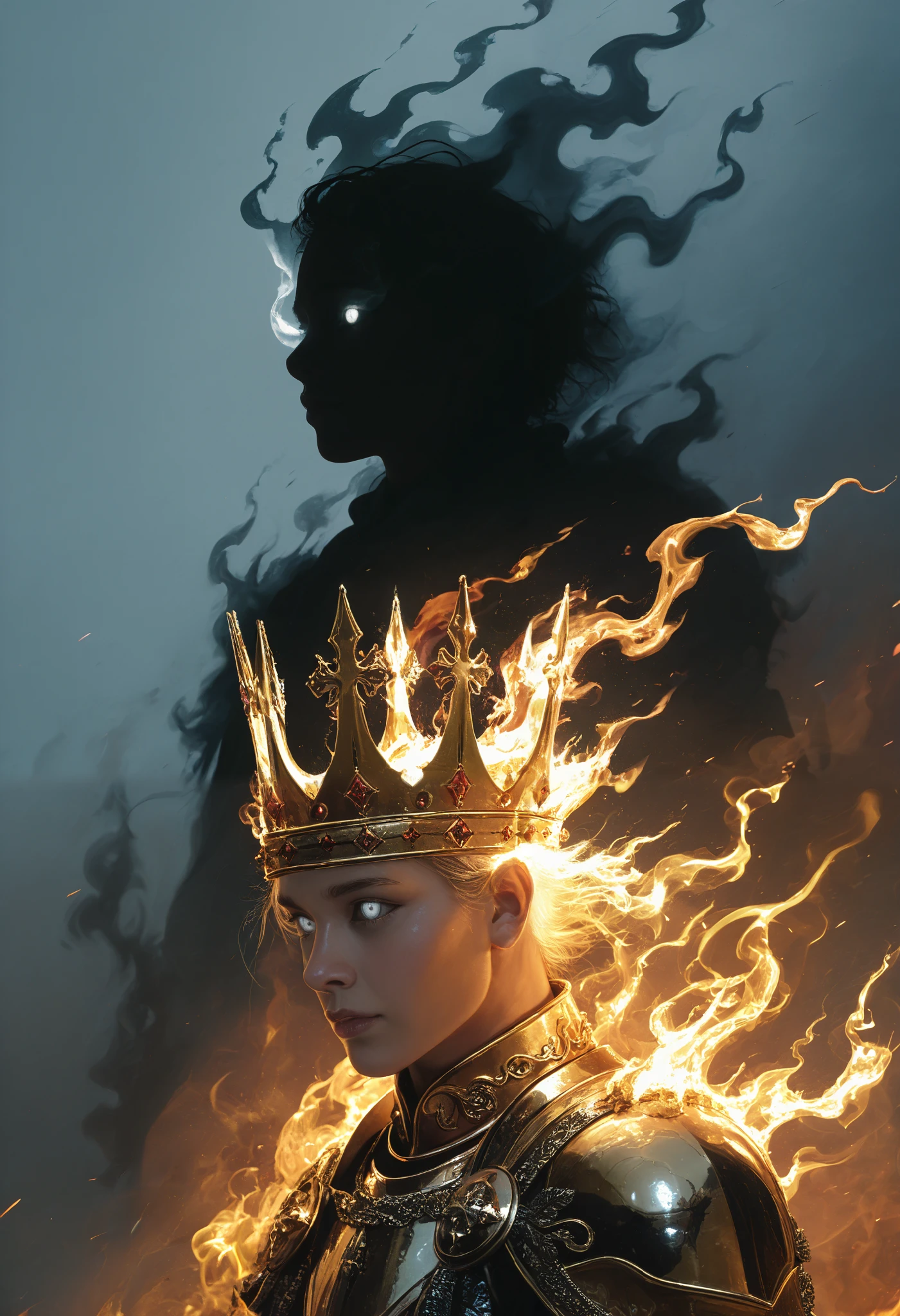 A very aesthetic image,visual fracture,humanoid shadow,Black flames,Flaming crows,semi-realistic,smoky, shiny gold crown, shiny white eyes 