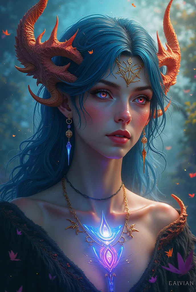 hand drawn sketch illustration of a beautiful dnd ifreet djinn girl with flaming red hair, blue eyes, symmetrical antlers horns, blue skin, illustration, watercolor ink sketch, (best quality)), intricate detailed,