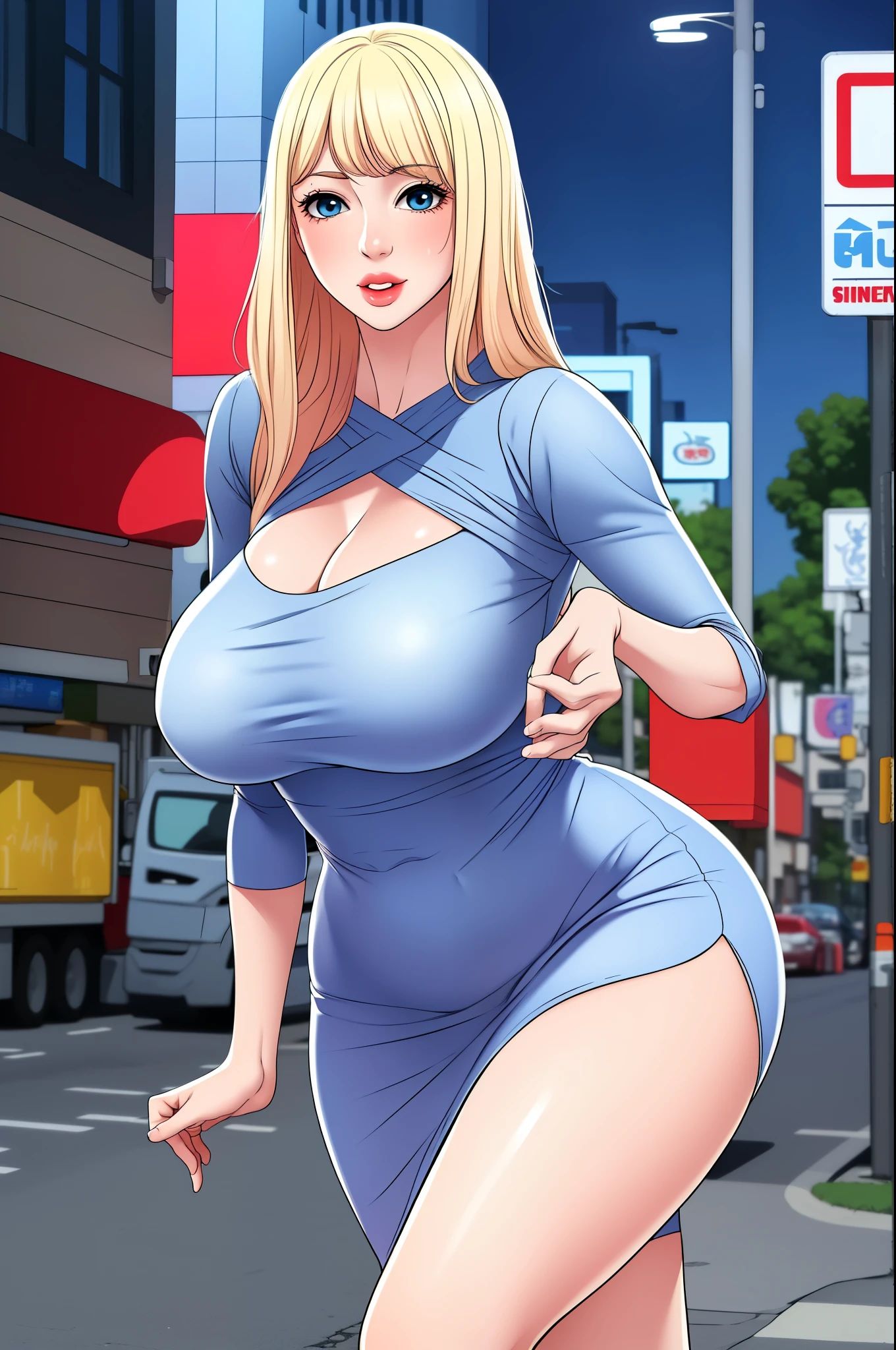 A sexy slim cute beautiful woman with blonde long hair bangs, big blue eyes, extremely fair white skin, and pink plump lips. She's wearing a revealing short tight black full-sleeve dress with a V neckline and brown strappy heels. A takeaway cup in one hand, a happy expression, a night street in the background, standing straight, and show full body.