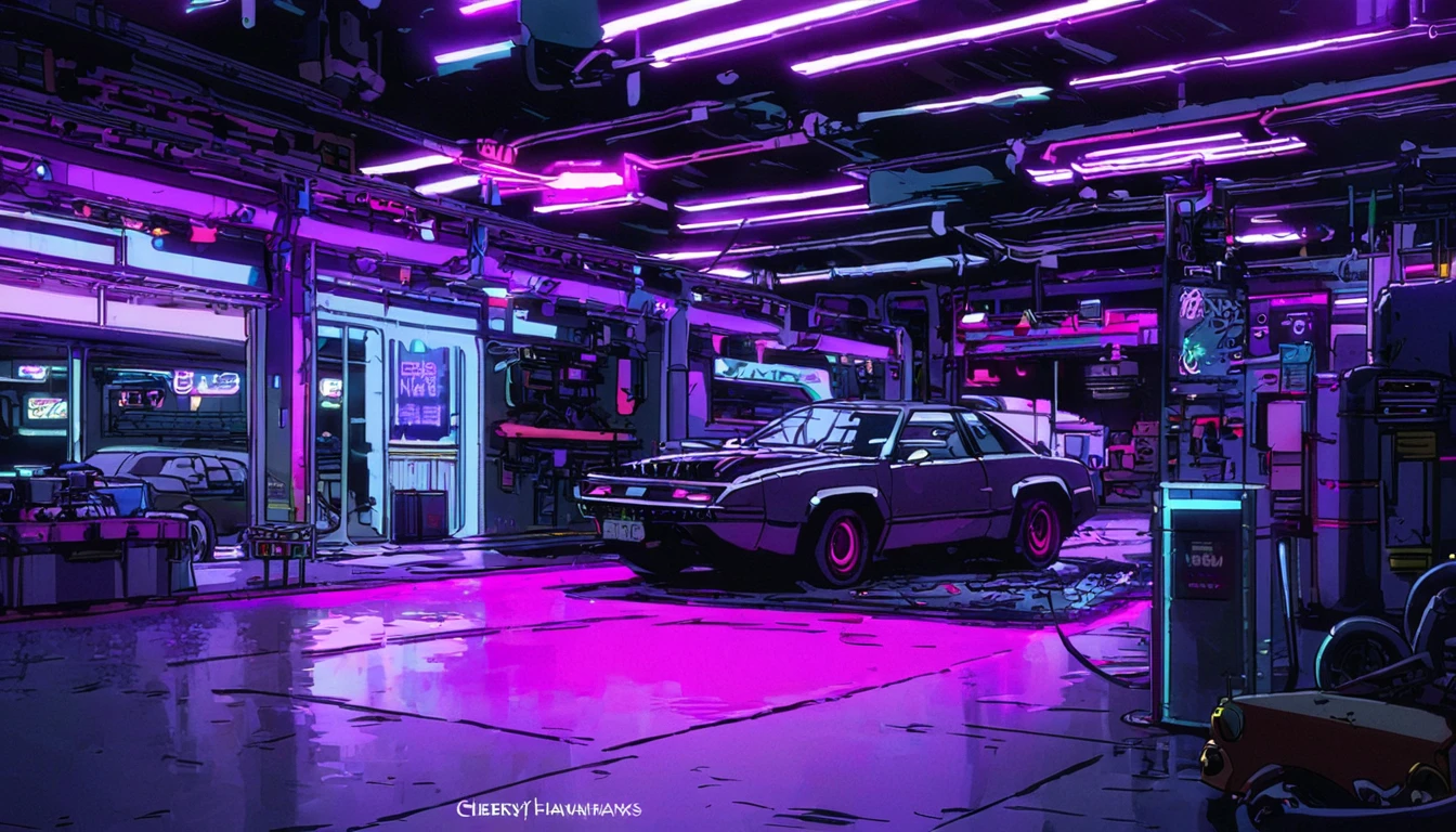 car workshop place, street view, cyberpunk, cherryhawks written, purple neon lights, comics art style