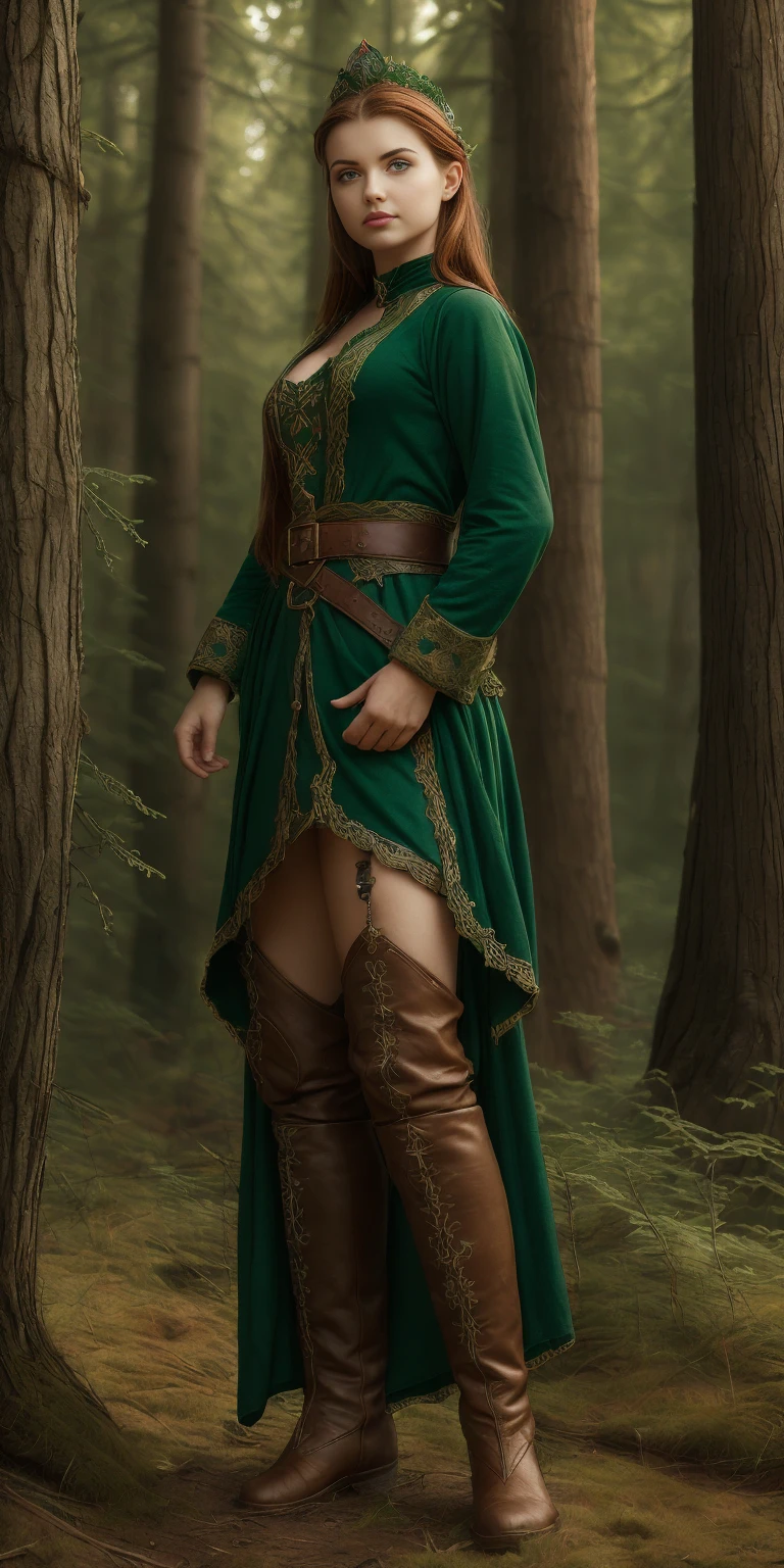 ((8k)),((FanPri )),((medieval)),((perfect eyes, detailed skin ,skin blemish)),((detailed skin ,skin blemish)),(Forest),(( full body presentation )),((overall presentation)),(( the sides of the picture are surrounded by a coniferous forest )),(( in the middle of the picture a forest clearing on which is a flower meadow )), Sun rays illuminate the clearing ,((( a young teenage girl,))),((green elf robe,corsett,Long boots)),(Elf crown ),((poses while standing)),Has a bow strapped on his back,(( small breasts)),(Elf princess),(cute),( beautiful ),(cute),(( perfect body )),(short red wavy hair),((green eyes)),((Red lips)),(smiles),( Look at the camera),woman with edgOrgasm_face,(( wears valuable jewelry)),( little fantasy warrior mind),Fantasieland,Epic light and lighting,heroic pose ,graceful,Elegant,