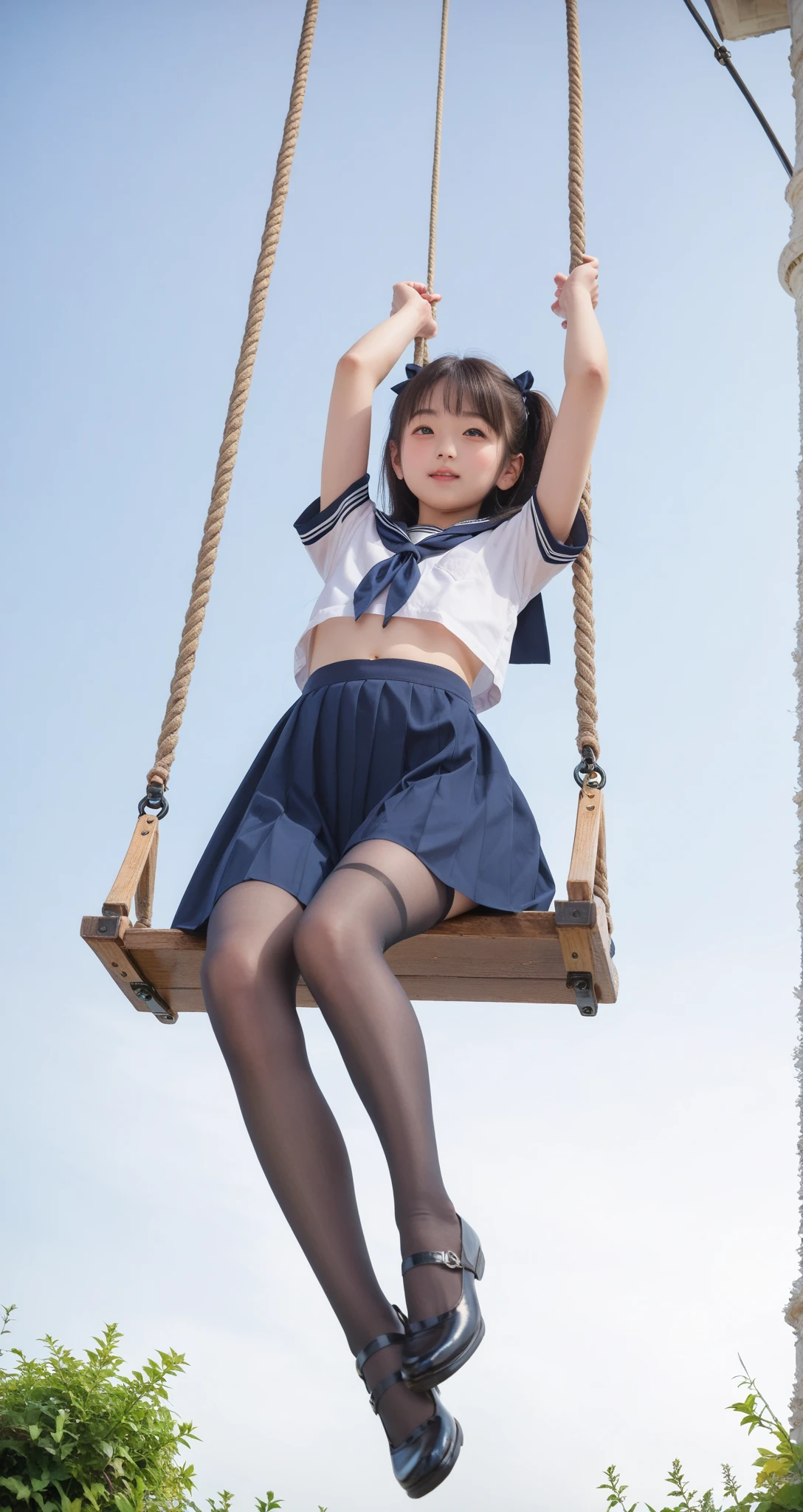  Short Sleeve Sailor Suit ,young cute girl,masterpiece,4K,8k,16k,Thin arms, white skin, Thin Thighs:1.5, thin body,delicate,Young,  black stockings, are on a swing, can see your armpits,smile, watching here, taken from the side, very skinny