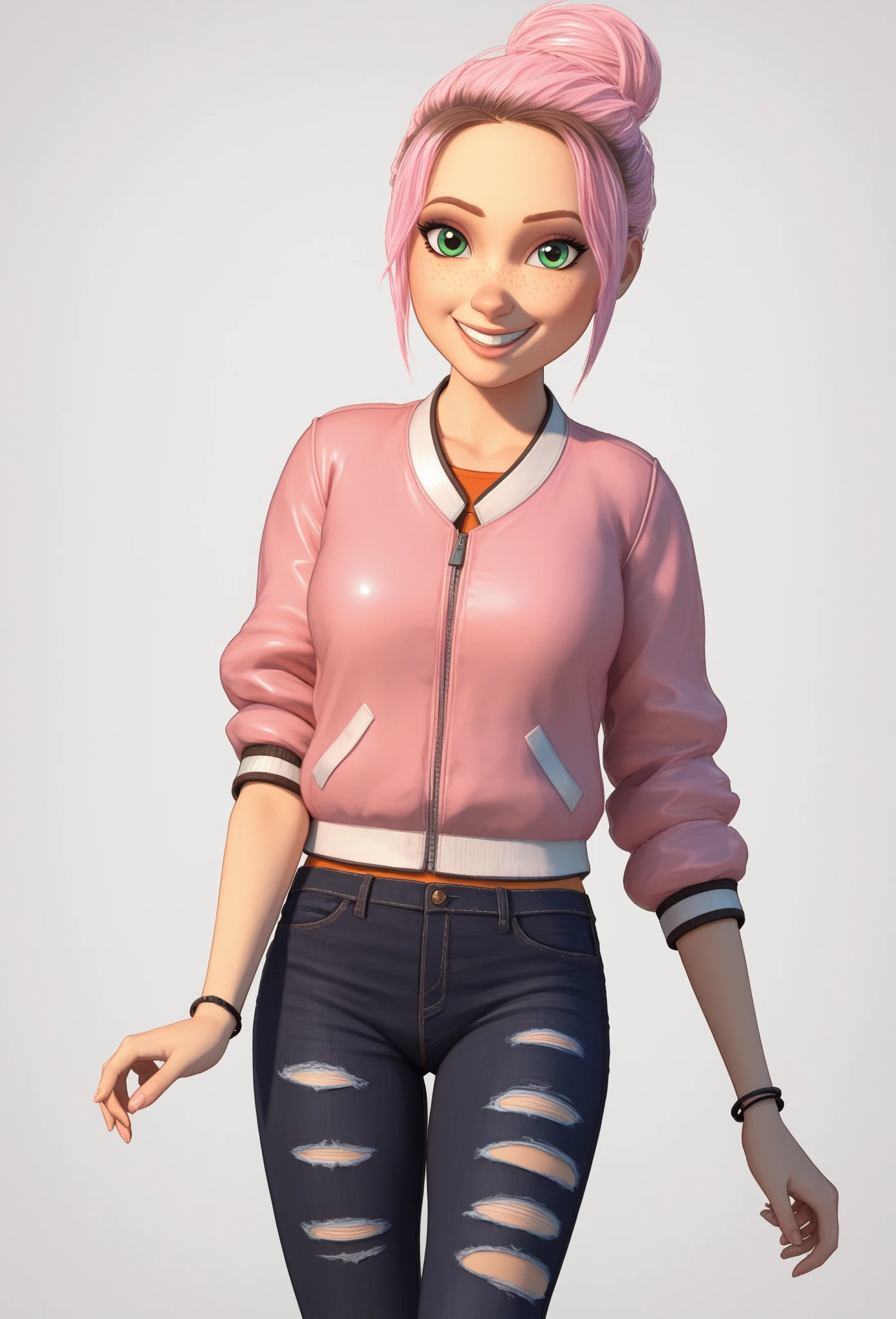 1girl, solo, Br00klynn, green eyes, freckles, pink hair, short hair, single hair bun, bracelet, pink jacket, black pants, denim, torn pants, sneakers, white footwear, looking at viewer, smile, score_9, score_8_up, score_7_up, cowboy shot, standing, white background, simple background,