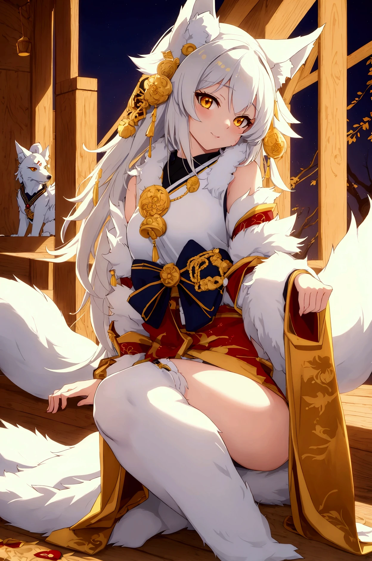 ((best quality)), ((masterpiece)), (detailed). Wolf Girl. Kitsune . White and Gold fur. Golden Eyes. Cute.  Shinobi Wear. A house background. Try to keep her with a young look. Happy.