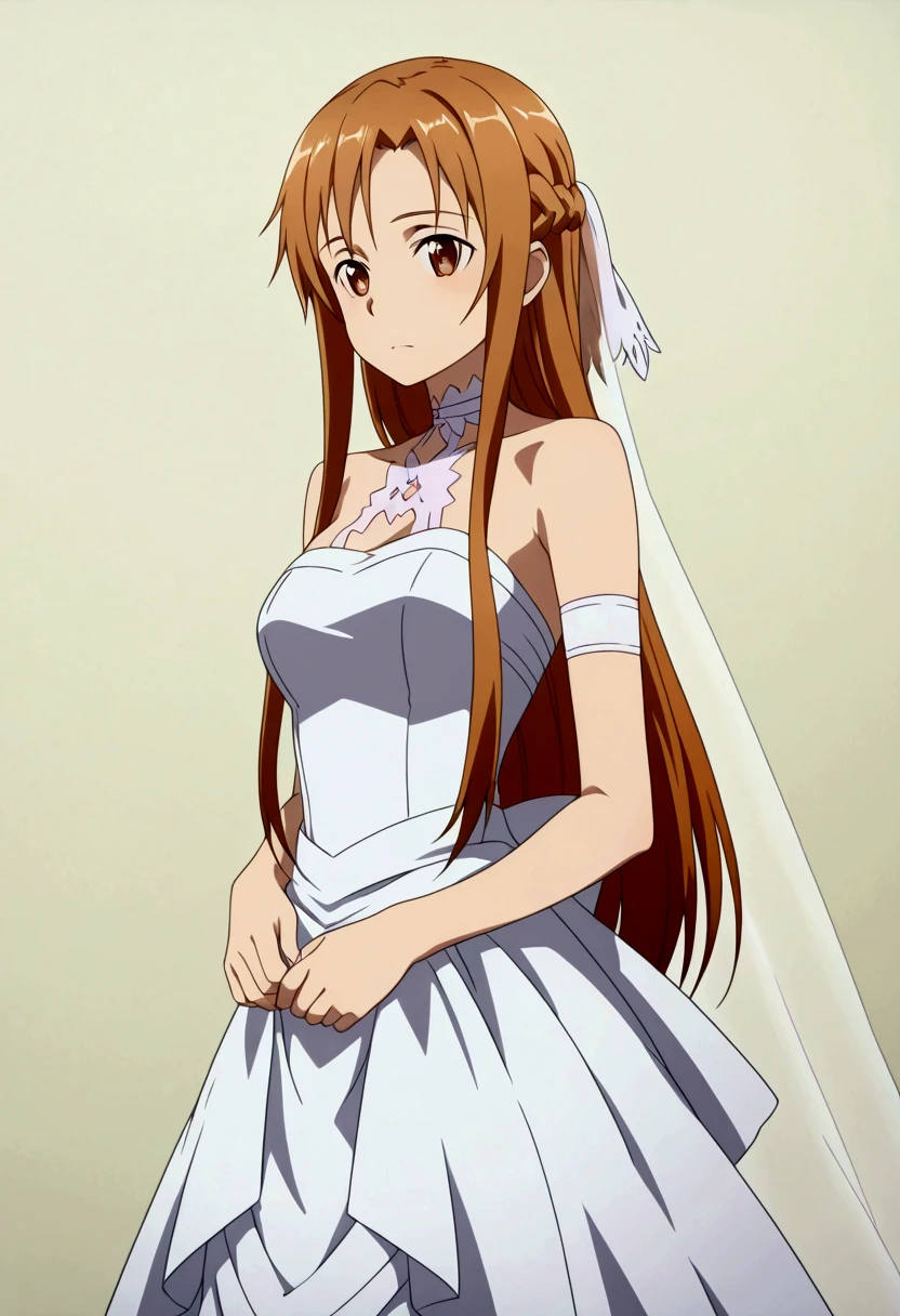 A high definition, high resolution image of Asuna Yuuki [Sword Art Online], with brown hair, brown eyes, slender, pale skin, and wearing an elegant, low cut wedding dress.  The background is a gorgeous park. 