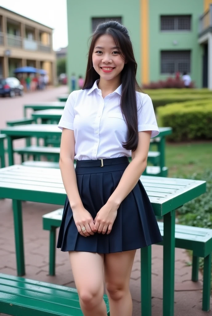1girl, solo, (Indonesian_high_school_uniform), sitting, outdoors, cute pose, (ultra wide angle shot: 1.4), beautiful scenery, detailed face, little smile, detailed eyes, thick breasts, slim fit body, smooth skin, tight white shirt, blue grey short skirt, looking at the audience, low angle shot,(8k, RAW photo, best quality, masterpiece: 1.2), (realistic, realistic: 1.37), ultra-high resolution