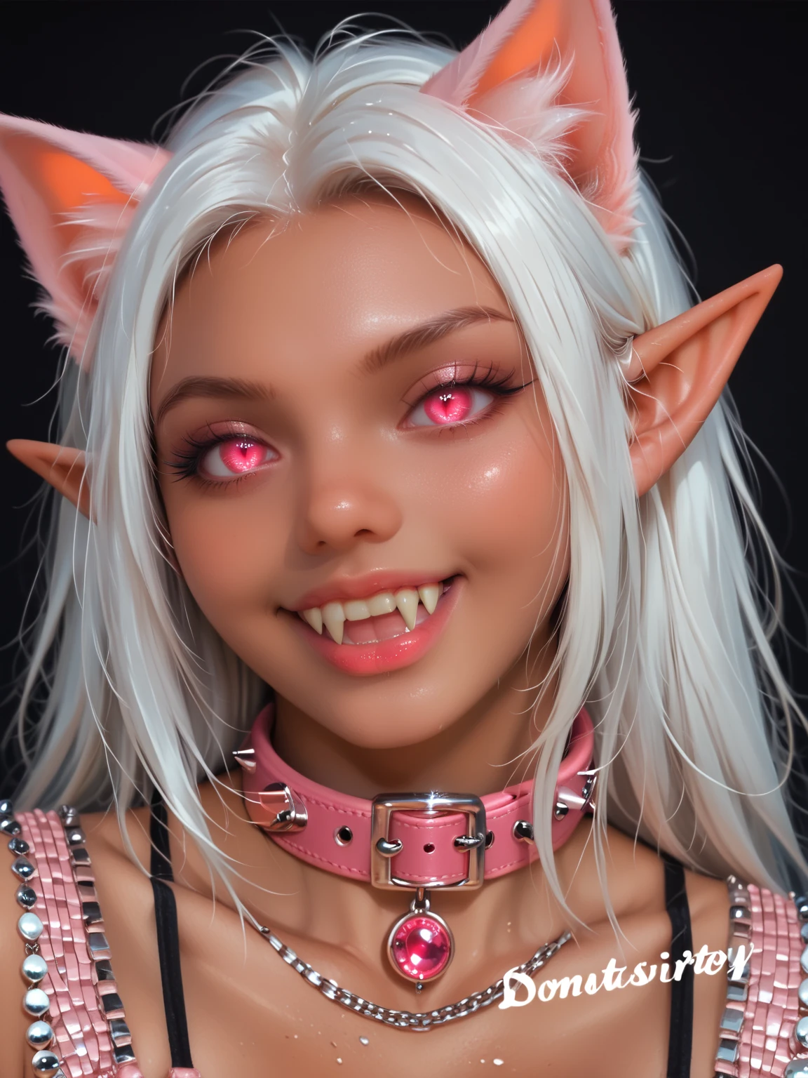 A photo of a woman with massive cleavage, (glowing pink cat eyes:1.4), (long pointed ears:1.2), (fangs:1.2), (neck collar:1.2), (dark tan skin:1.5), (white hair:1.2), wearing a grey leather dominatrix outfit with pink leather trim, glowing pink jewels, laughing, detailed face, detailed eyes, detailed lips, detailed chest, highest quality, masterpiece, hyper-realistic, extremely detailed, intricate details, ultra high resolution, 8k, focus on face