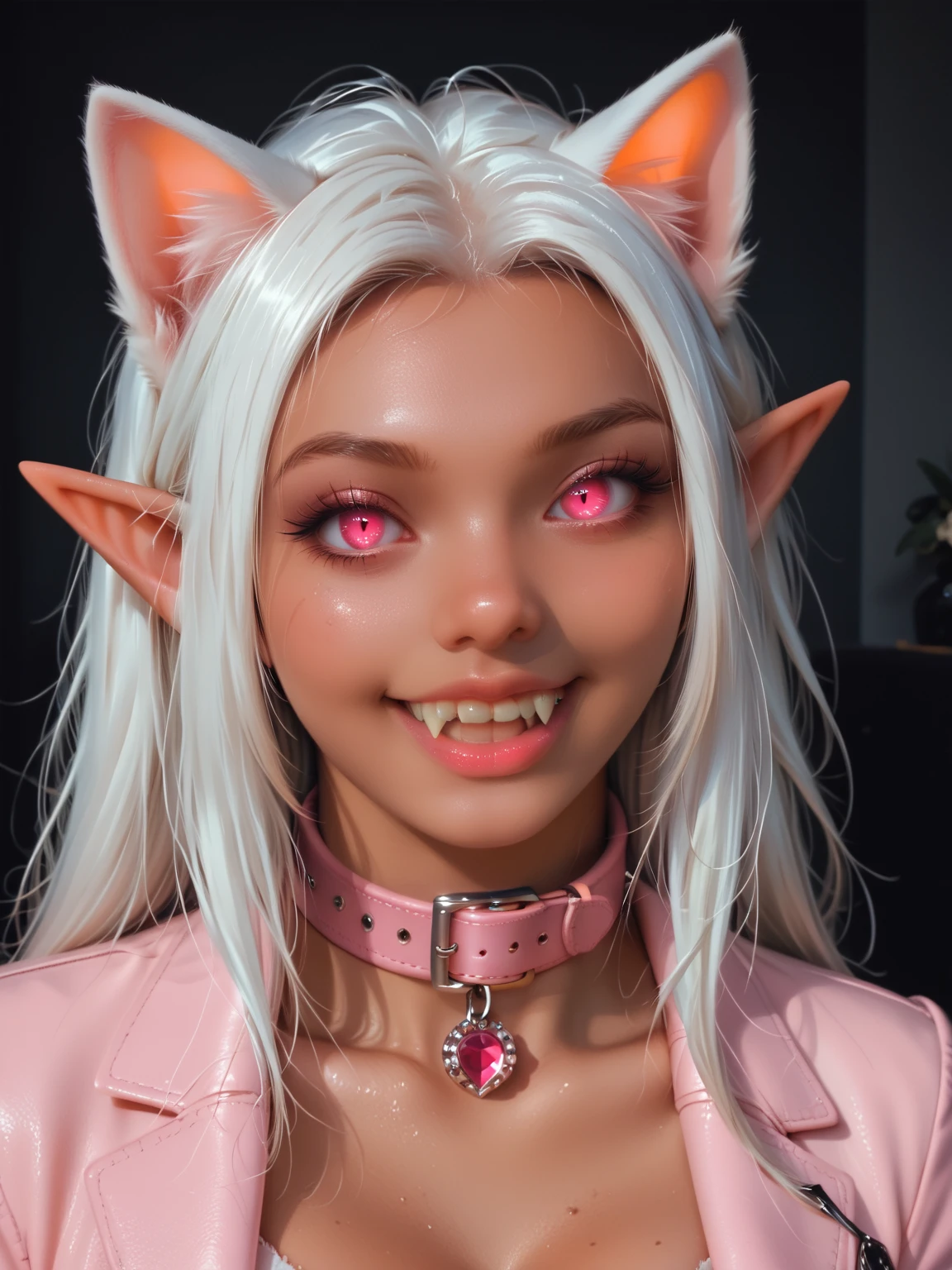 A photo of a woman with massive cleavage, (glowing pink cat eyes:1.4), (long pointed ears:1.2), (fangs:1.2), (neck collar:1.2), (dark tan skin:1.5), (white hair:1.2), wearing a grey leather dominatrix outfit with pink leather trim, glowing pink jewels, laughing, detailed face, detailed eyes, detailed lips, detailed chest, highest quality, masterpiece, hyper-realistic, extremely detailed, intricate details, ultra high resolution, 8k, focus on face