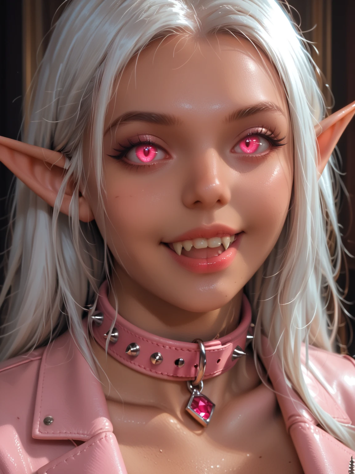 A photo of a woman with massive cleavage, (glowing pink cat eyes:1.4), (long pointed ears:1.2), (fangs:1.2), (neck collar:1.2), (dark tan skin:1.5), (white hair:1.2), wearing a grey leather dominatrix outfit with pink leather trim, glowing pink jewels, laughing, detailed face, detailed eyes, detailed lips, detailed chest, highest quality, masterpiece, hyper-realistic, extremely detailed, intricate details, ultra high resolution, 8k, focus on face