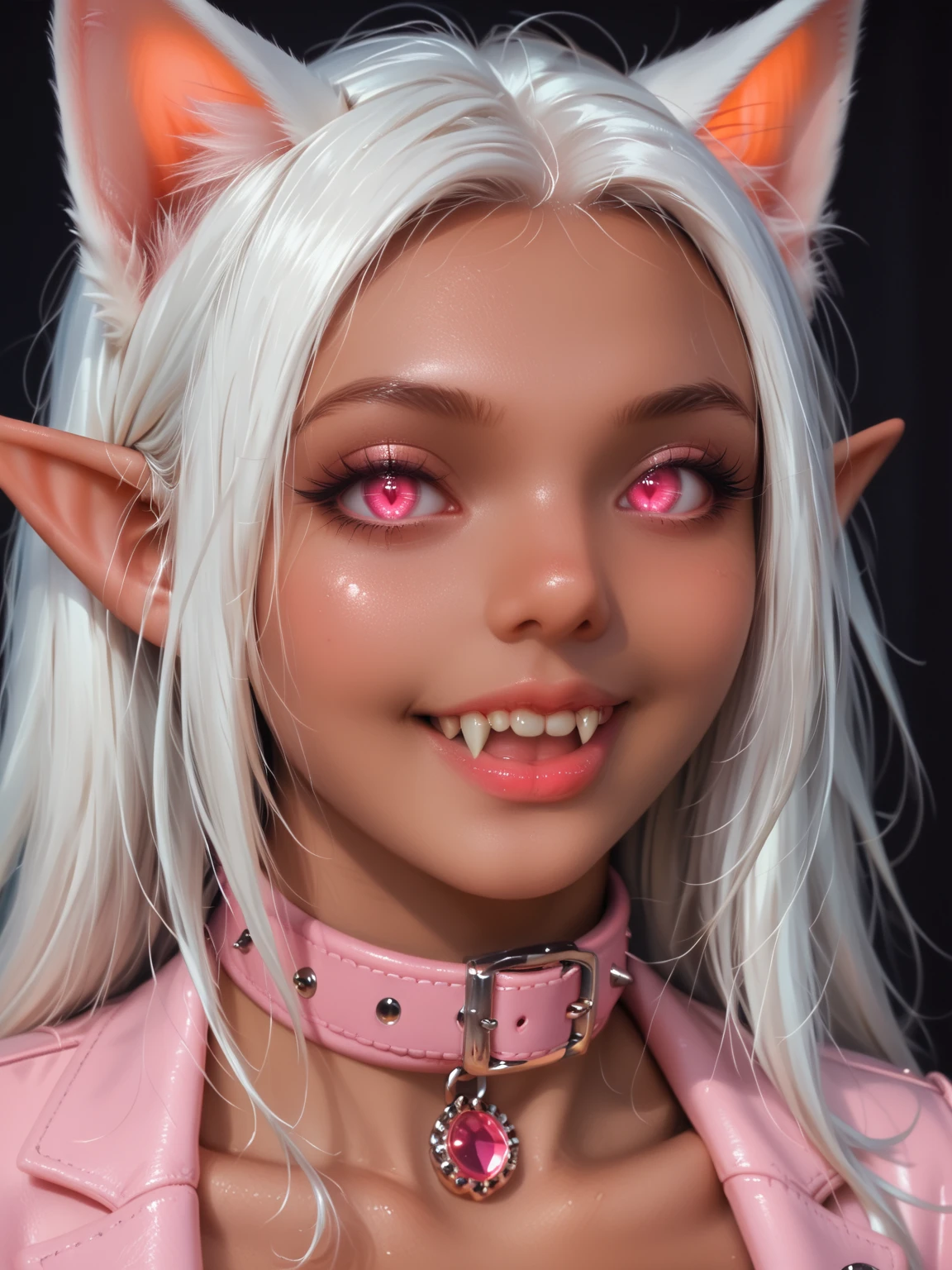 A photo of a woman with massive cleavage, (glowing pink cat eyes:1.4), (long pointed ears:1.2), (fangs:1.2), (neck collar:1.2), (dark tan skin:1.5), (white hair:1.2), wearing a grey leather dominatrix outfit with pink leather trim, glowing pink jewels, laughing, detailed face, detailed eyes, detailed lips, detailed chest, highest quality, masterpiece, hyper-realistic, extremely detailed, intricate details, ultra high resolution, 8k, focus on face