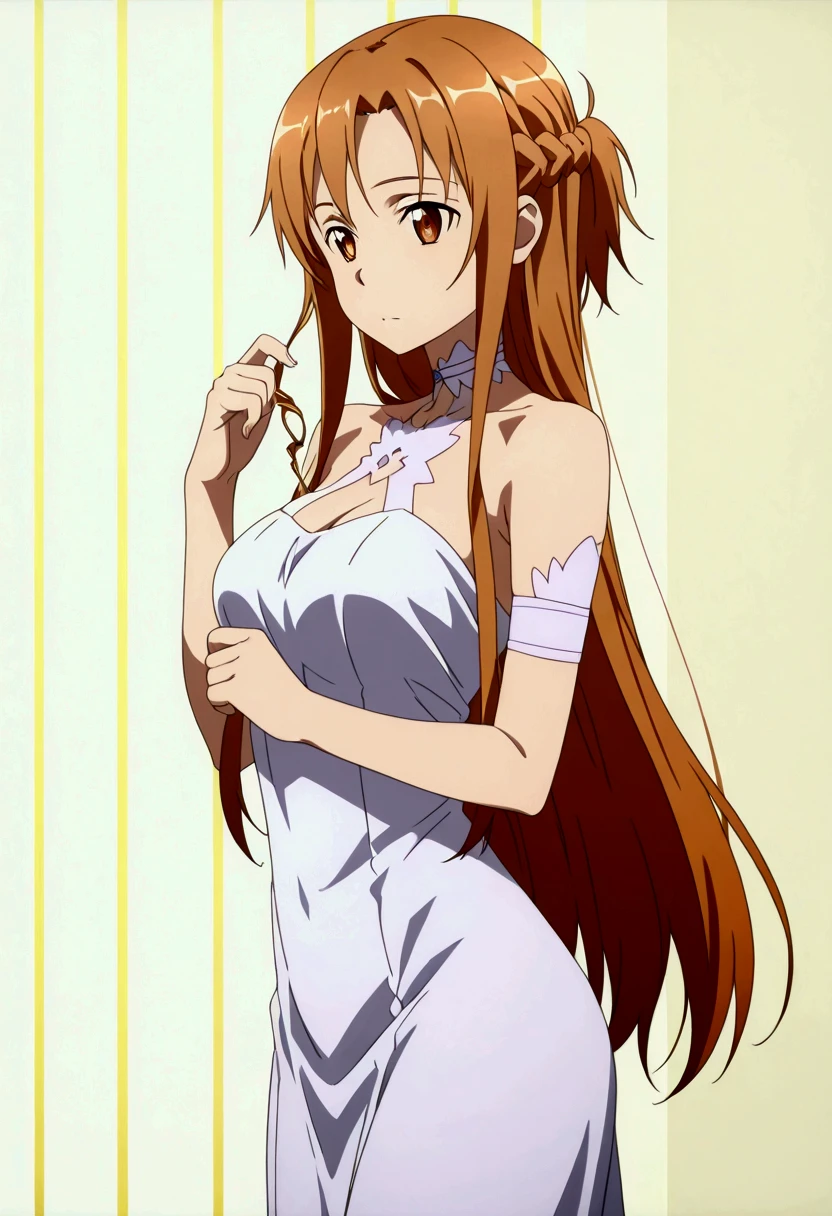 A high definition, high resolution image of Asuna Yuuki [Sword Art Online], with brown hair, brown eyes, slender, pale skin, and wearing an elegant, low cut Stacia Goddess dress. The background is a swirling mist of light and magic.