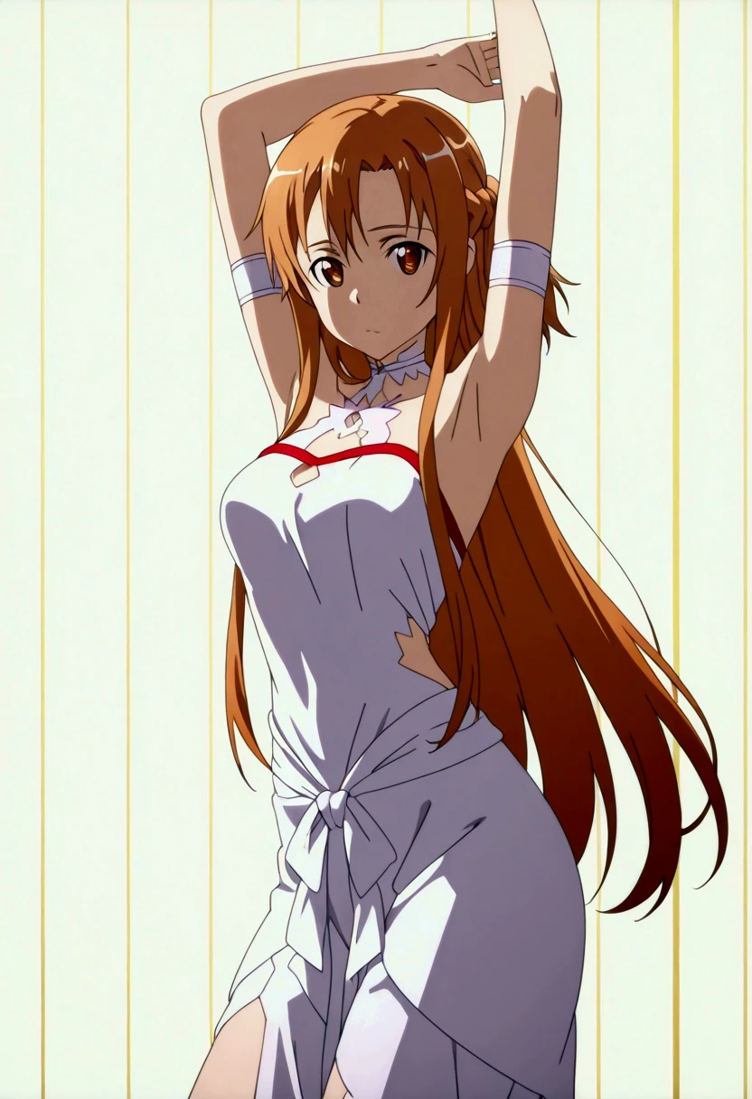 A high definition, high resolution image of Asuna Yuuki [Sword Art Online], with brown hair, brown eyes, slender, pale skin, and wearing an elegant, low cut Stacia Goddess dress; her arms raised up high (exposed armpit). The background is a swirling mist of light and magic.