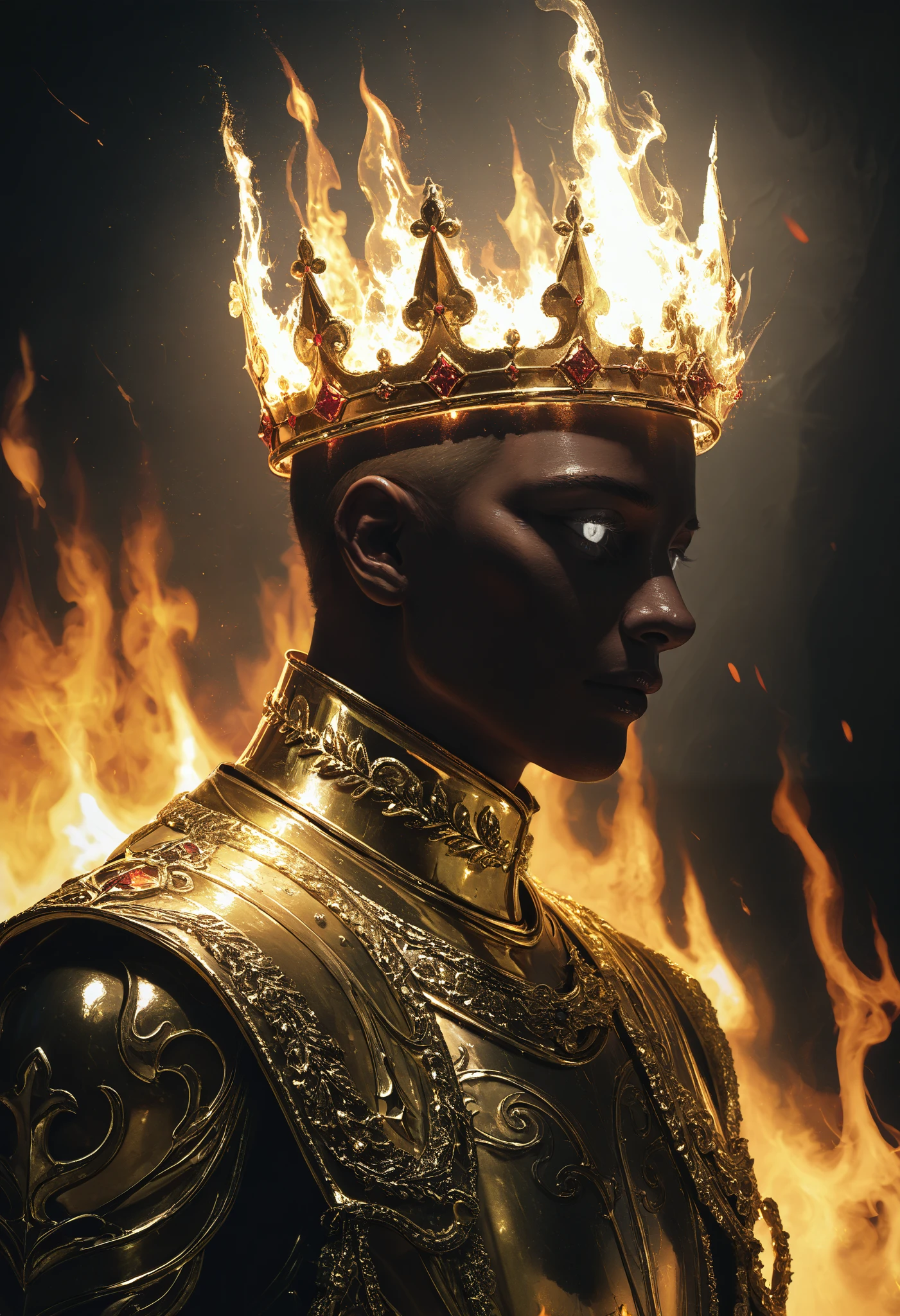 A very aesthetic image,visual fracture,(humanoid shadow),Black flames,Flaming crows,semi-realistic,smoky, shiny gold crown, shiny white eyes 