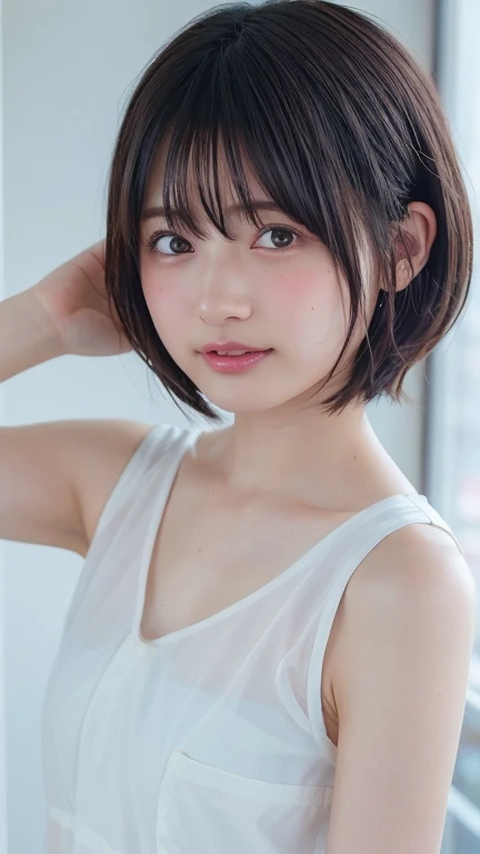 (Very realistic photos, concentrate、High resolution, Detailed face, Fine Eyes), ((Photographed in front of a white wall))、Japanese women, 20-year-old, various expressions, Upper Body、alone:1, Slim figure, White sheer top、Only one person is in the photo、Photographed in natural light、Bob Hair、Shortcuts、Looking into the camera、Photorealism、highest quality、超A high resolution、picture、A cute and beautiful face down to the last detail、(Purelos Face_v1:0.008)、Beautiful Bangs、