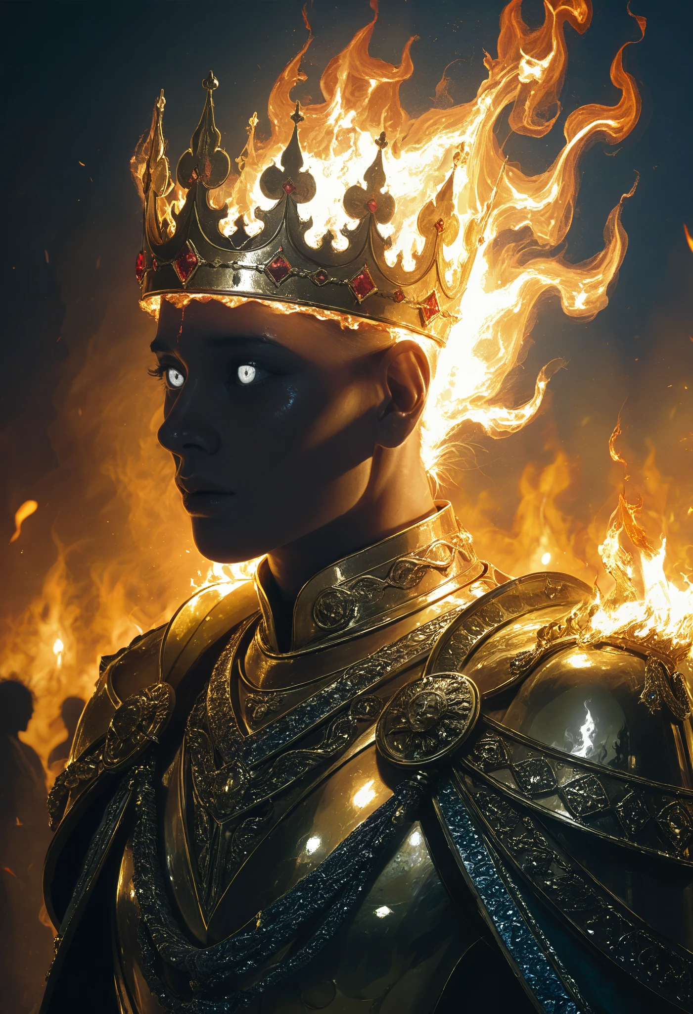 A very aesthetic image,visual fracture,(humanoid shadow),Black flames,Flaming crows,semi-realistic,smoky, shiny gold crown, shiny white eyes 