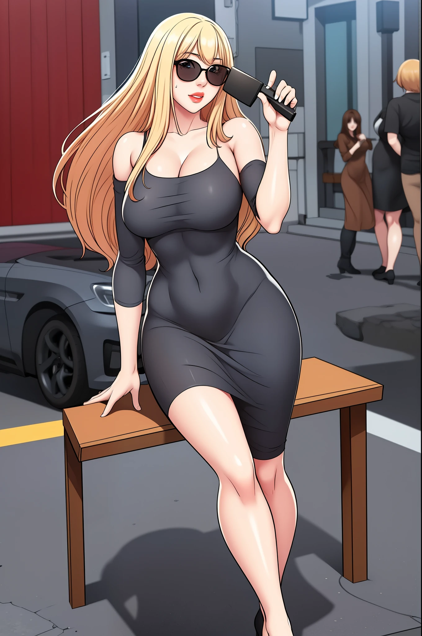 A sexy slim cute beautiful woman with blonde long hair bangs, big blue eyes, extremely fair white skin, and pink plump lips. She's wearing black sunglasses, a revealing short black full-sleeve dress with a V neckline, and brown strappy heels. A beer can in one hand, a happy expression, a night street in the background, setting on a bench legs crossed, and show full body.