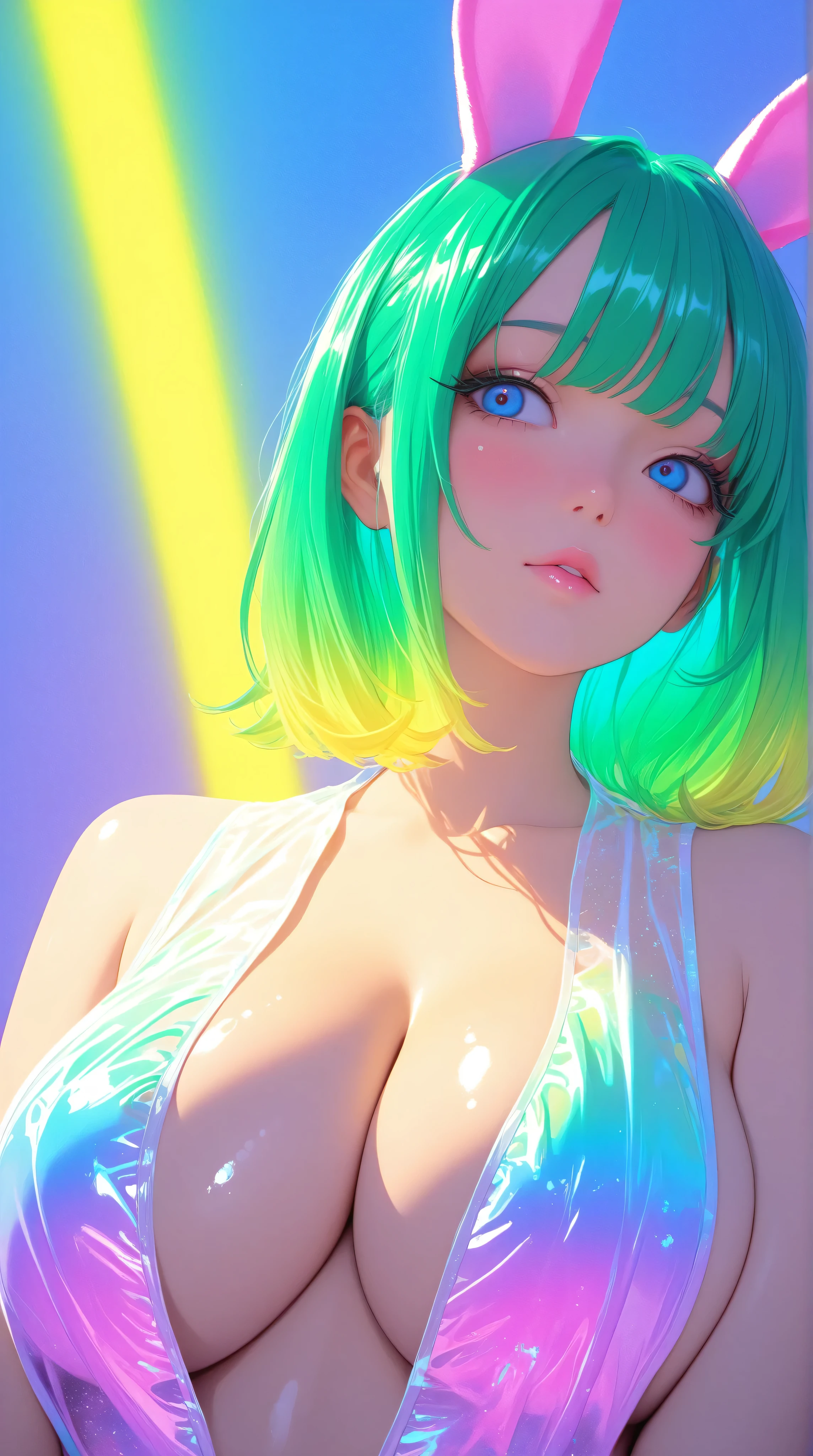 One girl, Medium Hair, green hair, pink Bunny ears, blue eyes, Beautiful fine details, Beautiful lip detail, Beautifully detailed face, Long eyelashes, shiny Skin, Mysterious, Surreal, Dramatic lighting, neon, UV rays, psychedelic, Vibrant colors, High resolution, Cinematic, Atmospheric, plunging neckline, Transparent color PVC clothing, Transparent Color Vinyl Clothing, Prismatic, chromatic aberration, Colorful gradient, big breasts, cleavage, Kizi,Highly detailed, Amazing work,Vitreous luster,((clean backdrop)),In green,(((yellow colors))),blue color,pink colour,Best quality at best,clean backdrop, heavy blushing,